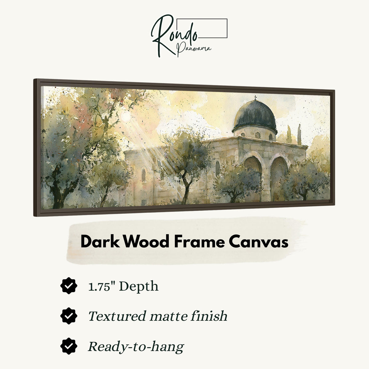 Sunlit dome in an olive grove canvas print in a dark wood floating frame