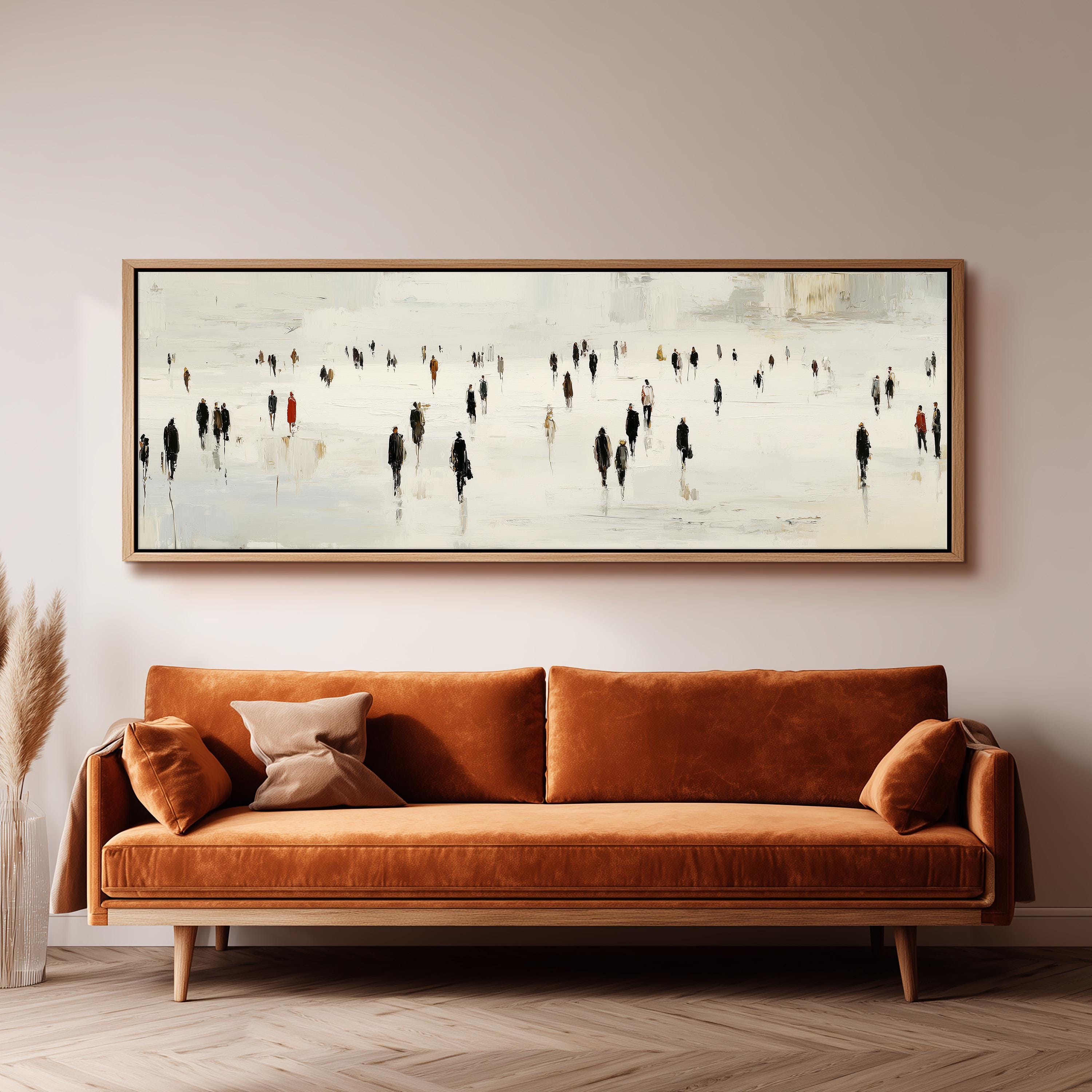 a large painting of a group of people walking on a snowy street, hanging on a wall above a brown sofa.