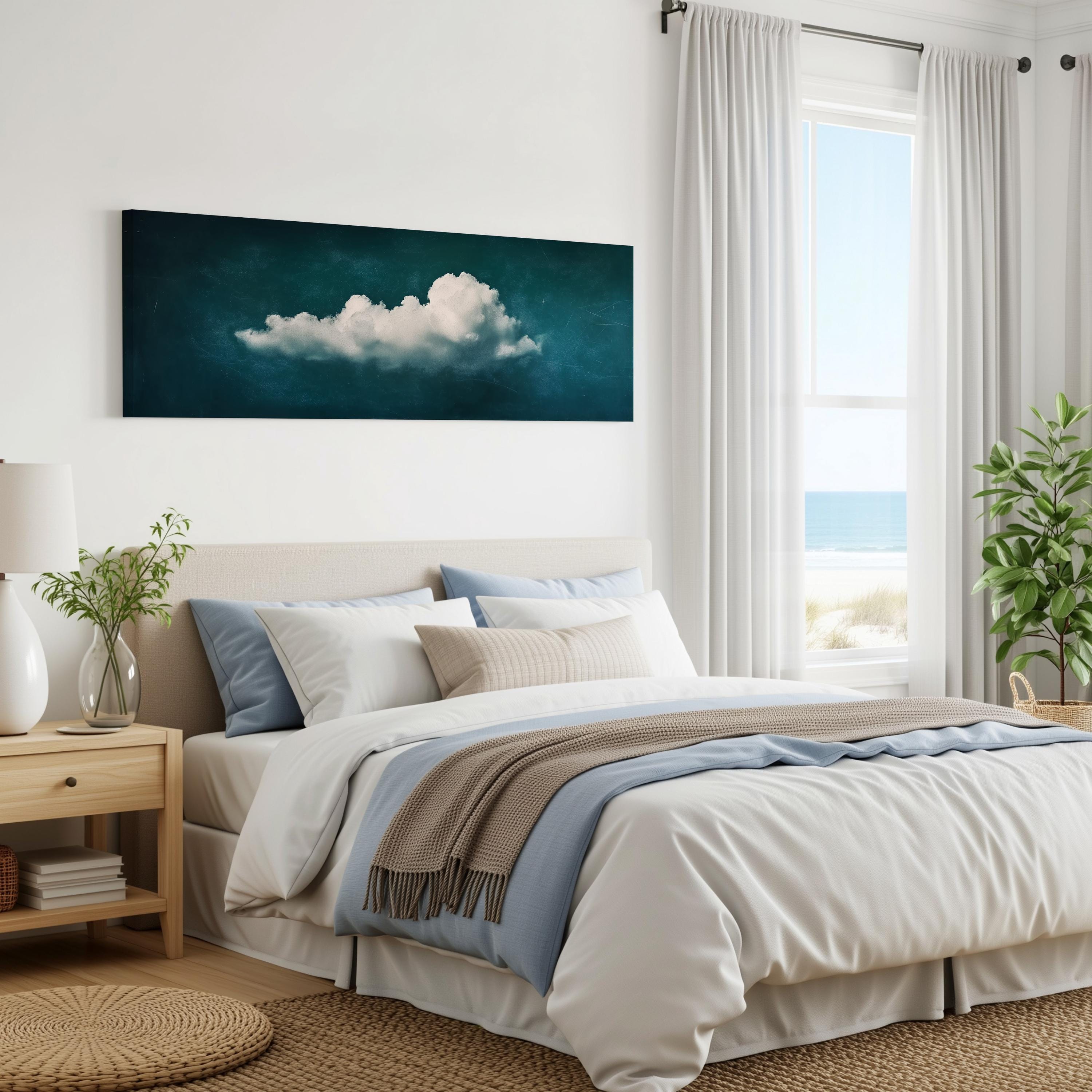 a serene bedroom with a large bed, a nightstand, and a painting of a cloud on the wall. The room has a calming and peaceful atmosphere, with natural light coming in through the window and a view of the ocean.