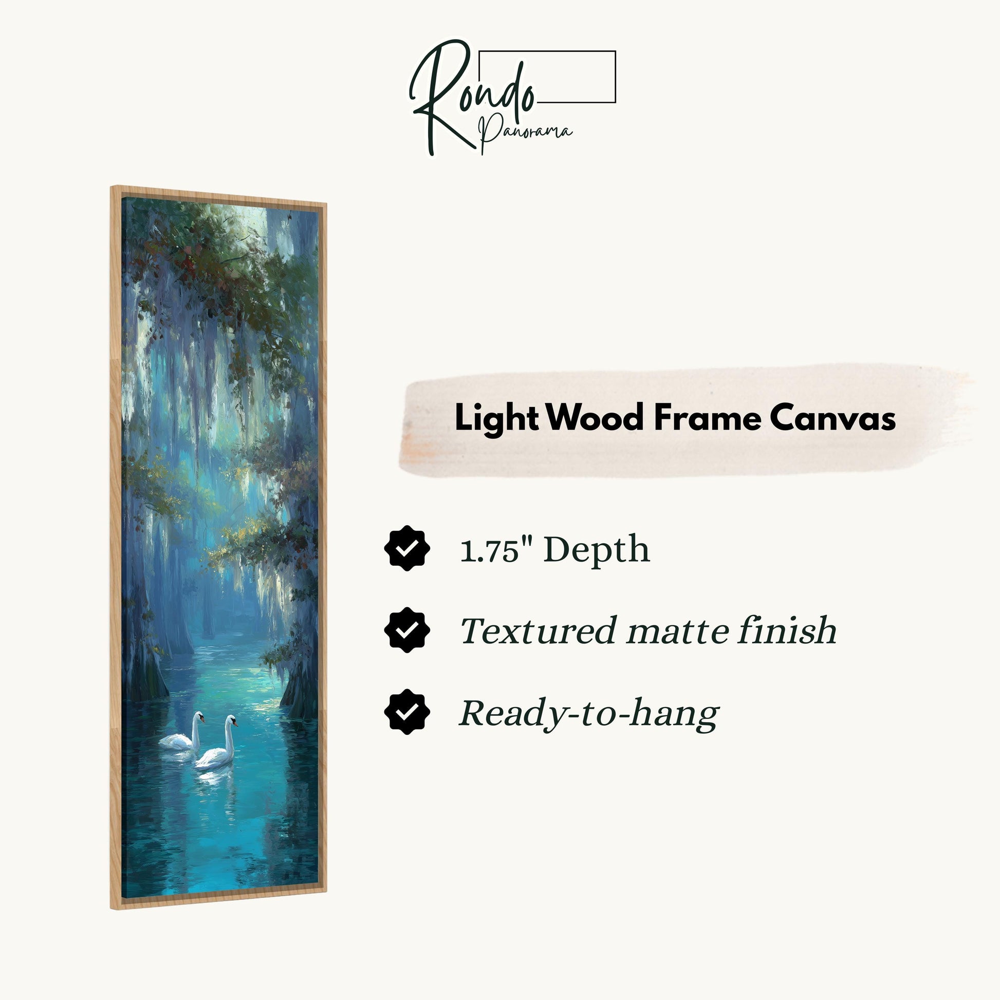 The image is a painting of two swans floating on a body of water, surrounded by lush greenery. The painting is framed in a light wood frame and is described as a "Light Wood Frame Canvas" with a depth of 1.75" and a textured matte finish. The painting is ready to hang.