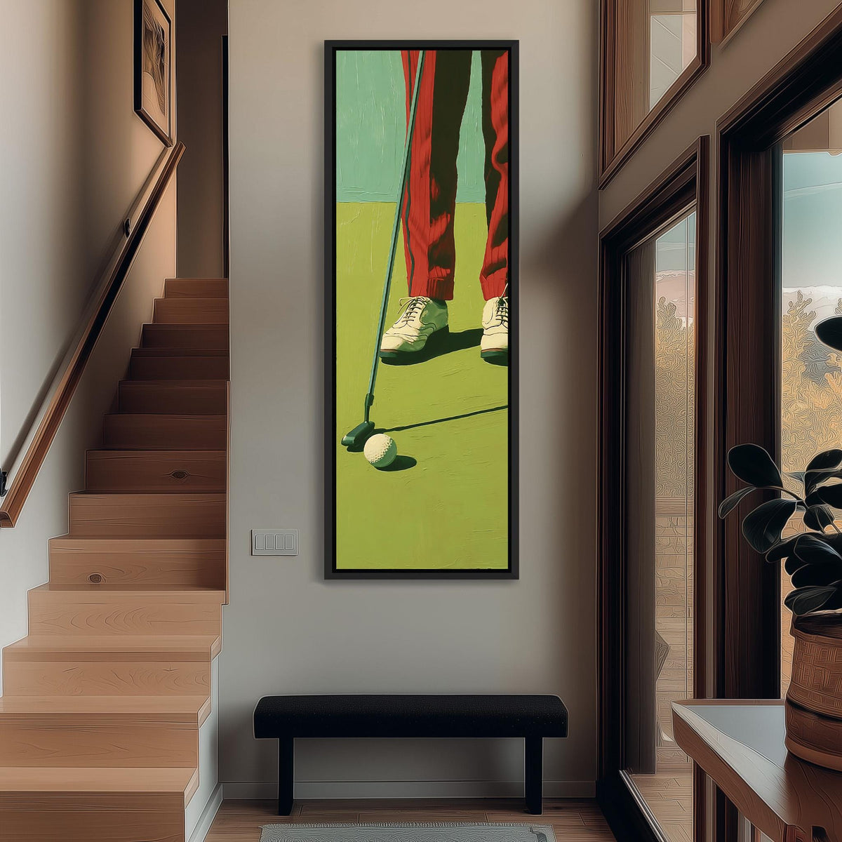 Golfer in red trousers lining up a putt tall narrow canvas print beside a staircase in an entryway
