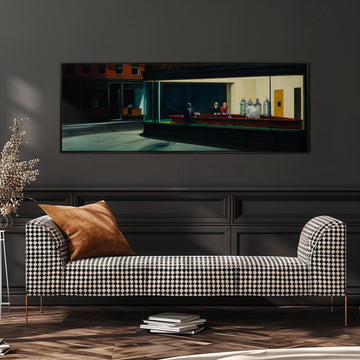 a large, black and white checkered sofa with a brown throw pillow, positioned in front of a painting depicting a group of people in a bar or restaurant setting.