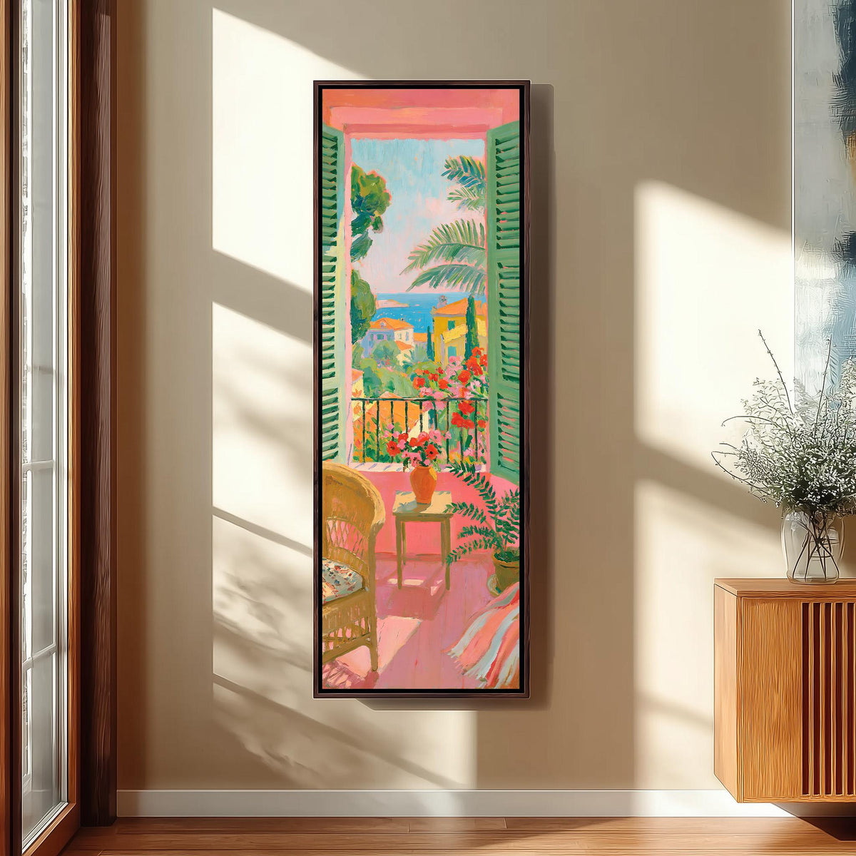 Pink balcony with flowers and a sea view long vertical canvas print in a sunlit living space