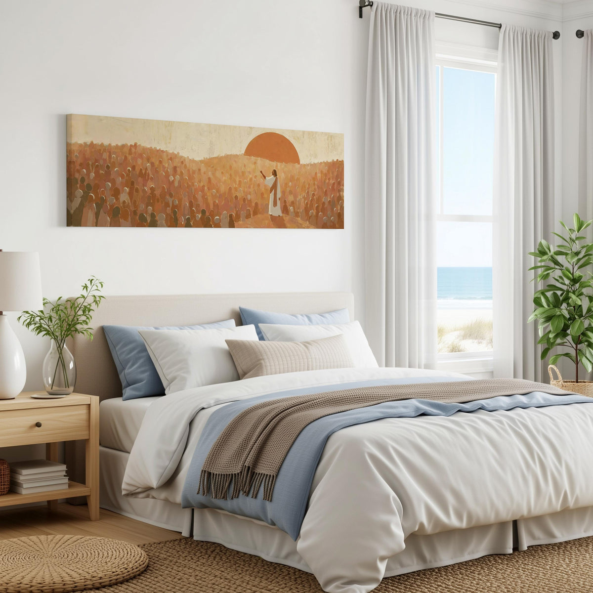 Jesus preaching to a crowd at sunset panoramic canvas print above a bed in a coastal bedroom