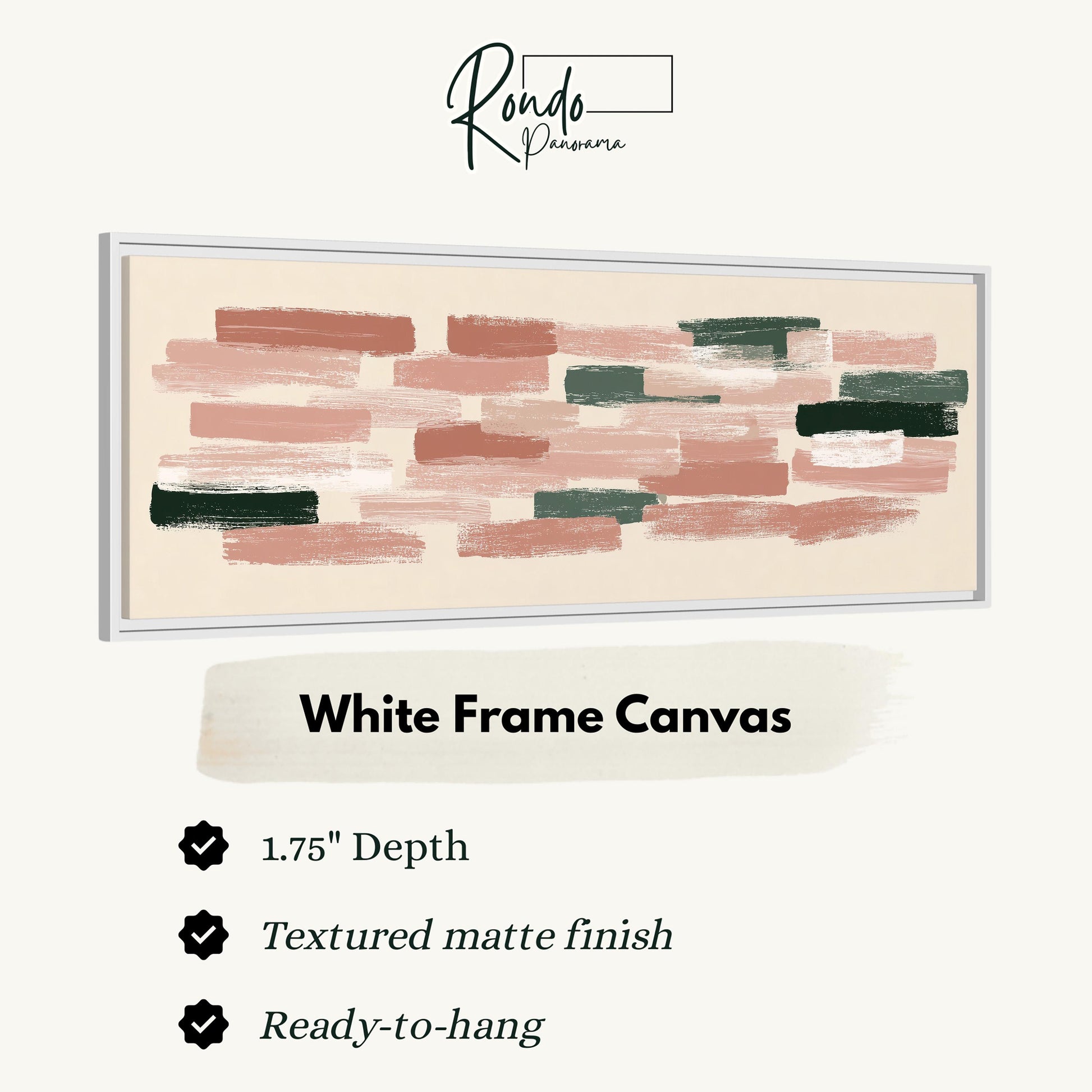 The image is a product description for a white frame canvas. It features a 1.75" depth, a textured matte finish, and is ready-to-hang.