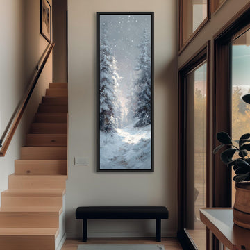 a hallway with a large painting of a snowy forest hanging on the wall. The painting is framed and appears to be the focal point of the space. The hallway has a wooden staircase leading up to the painting, and there is a bench in the foreground. The overall atmosphere of the image is calm and serene, with the snowy forest painting evoking a sense of tranquility and natural beauty.