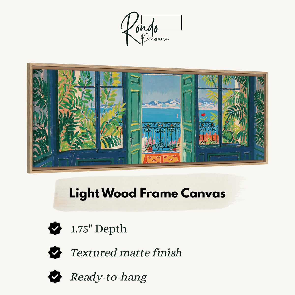 Riviera balcony view through open windows canvas print in a light wood floating frame