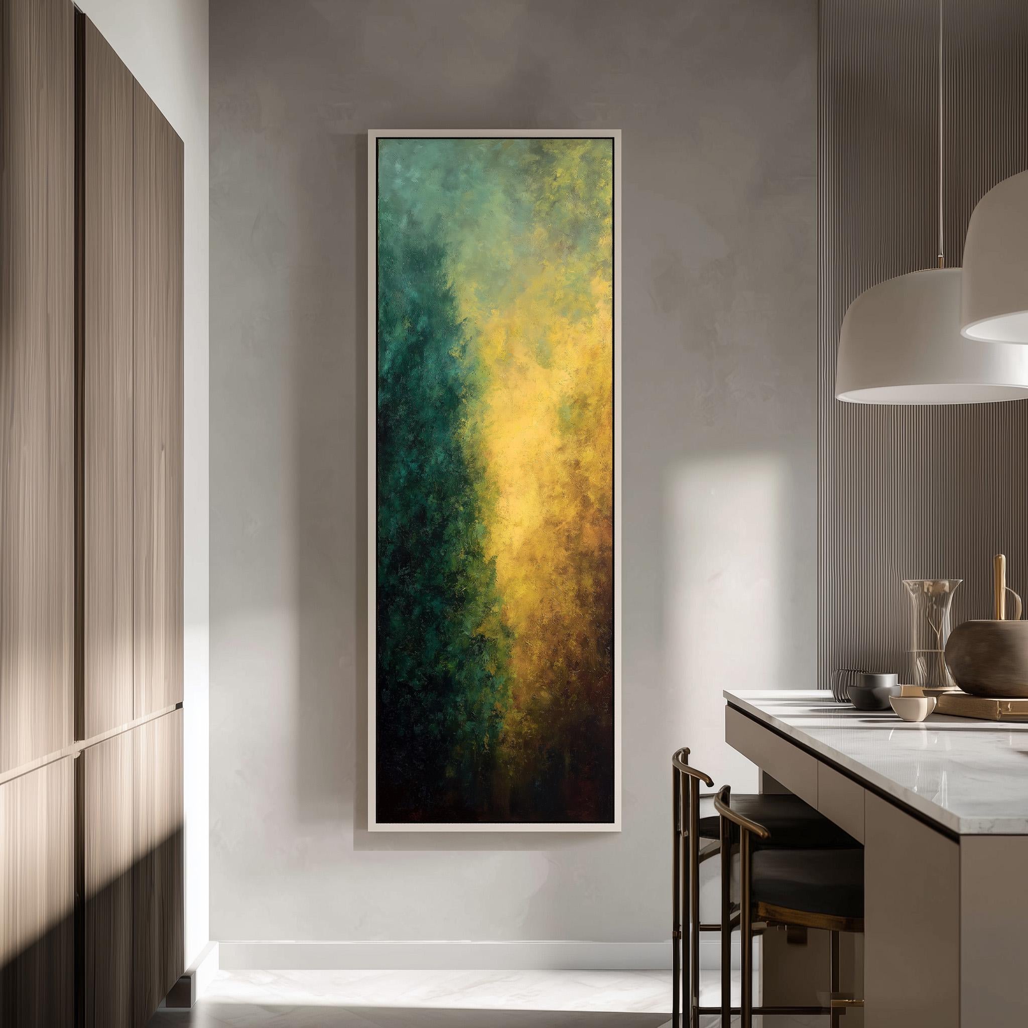 a modern kitchen with a large, colorful abstract painting hanging on the wall above a counter. The painting has a vibrant mix of green, yellow, and brown colors, creating a lively and energetic atmosphere in the space.