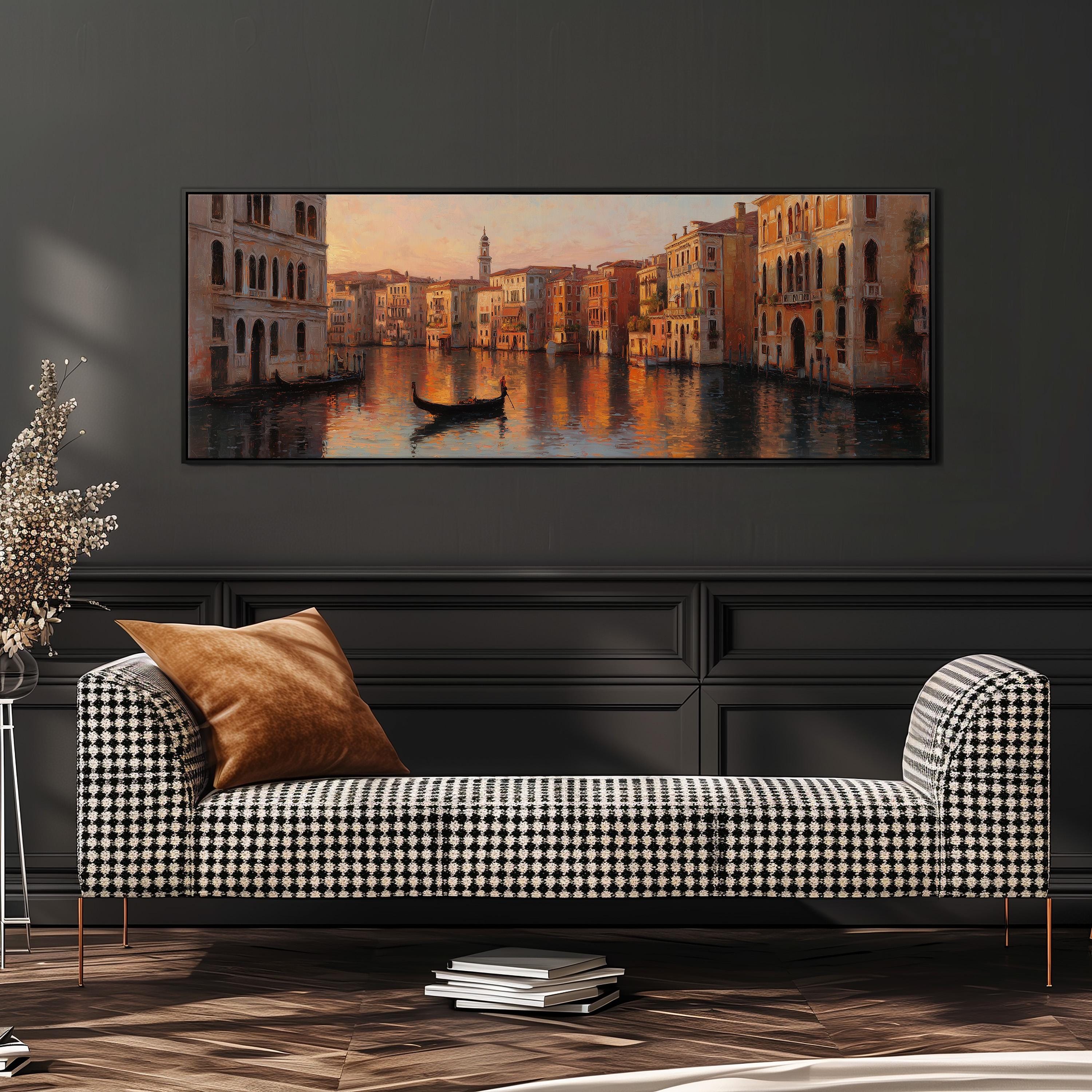 a large painting of a cityscape with a gondola on the water, hanging on a wall above a black and white checkered sofa.