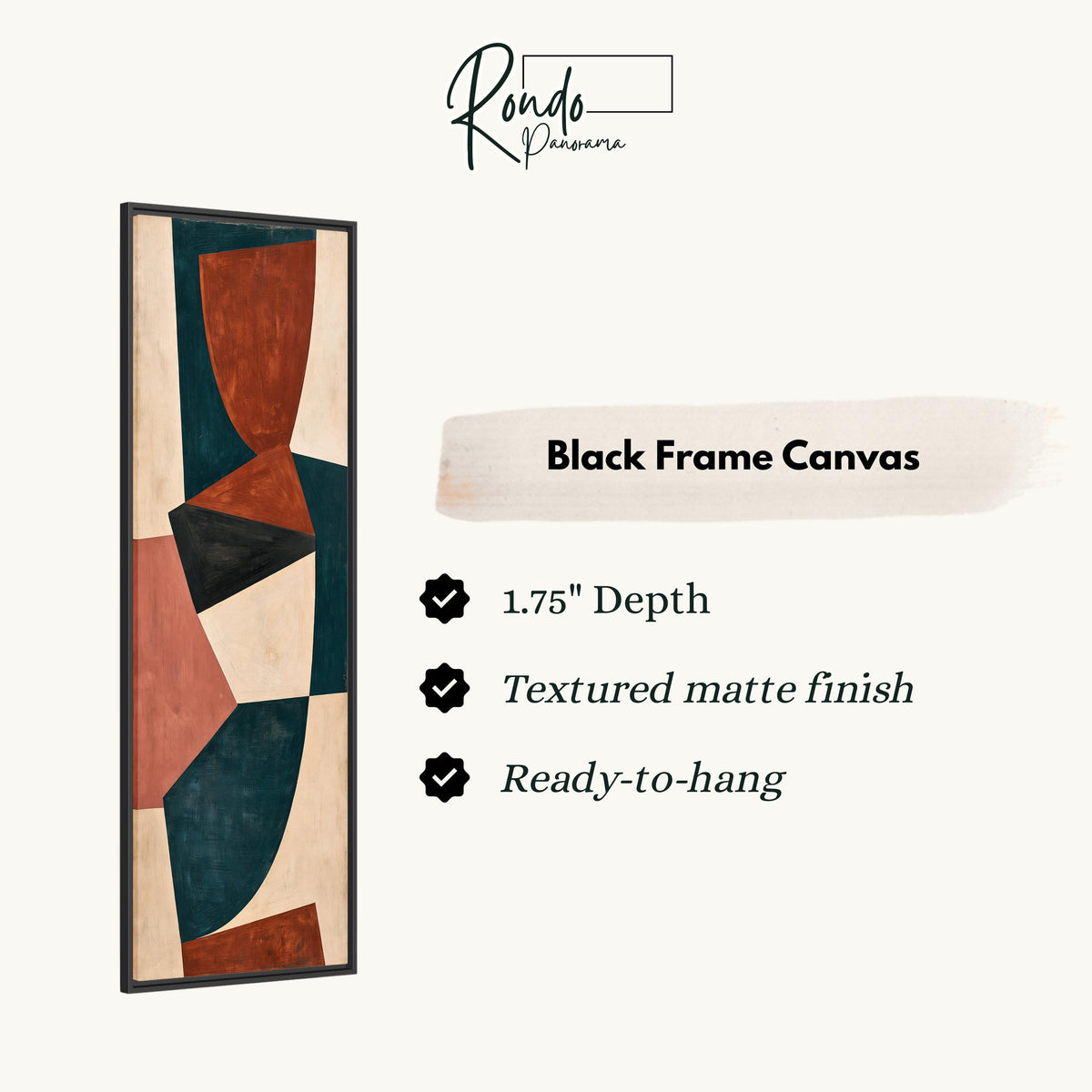 Curved blocks in rust, teal and cream canvas print in a black floating frame