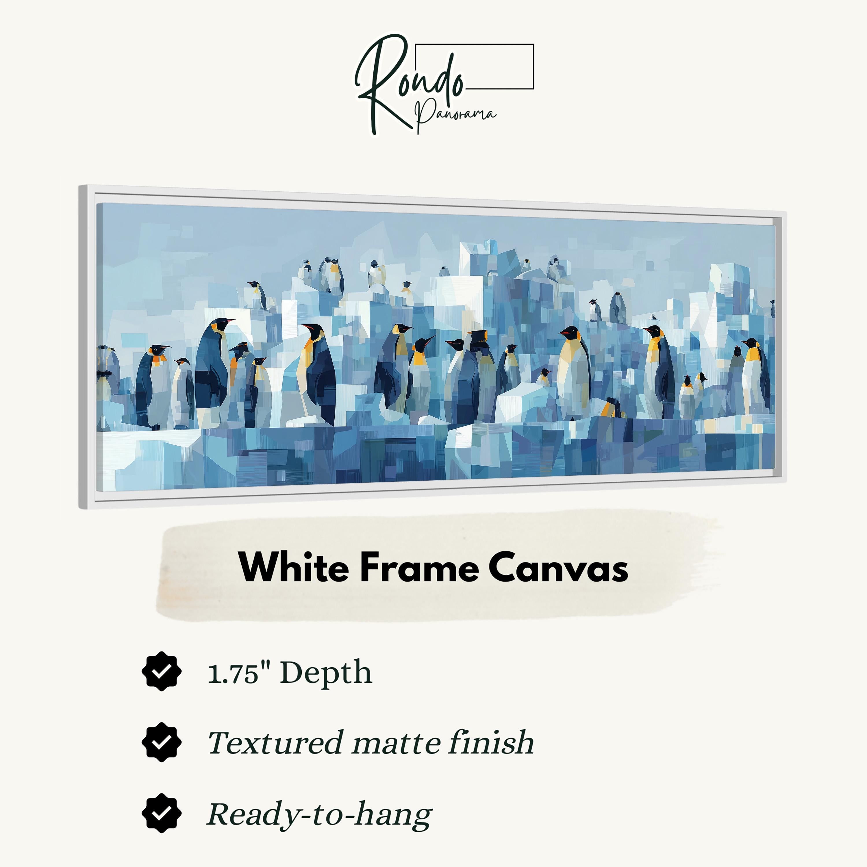 The image is a white frame canvas depicting a group of penguins in a snowy landscape.