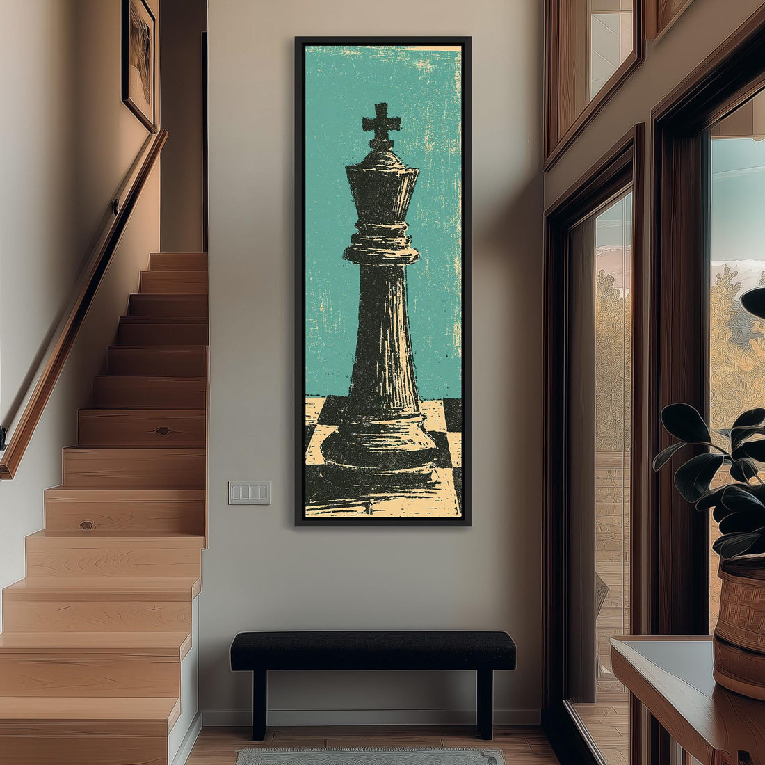 Woodcut style chess king on teal long vertical canvas print in a sunlit living space