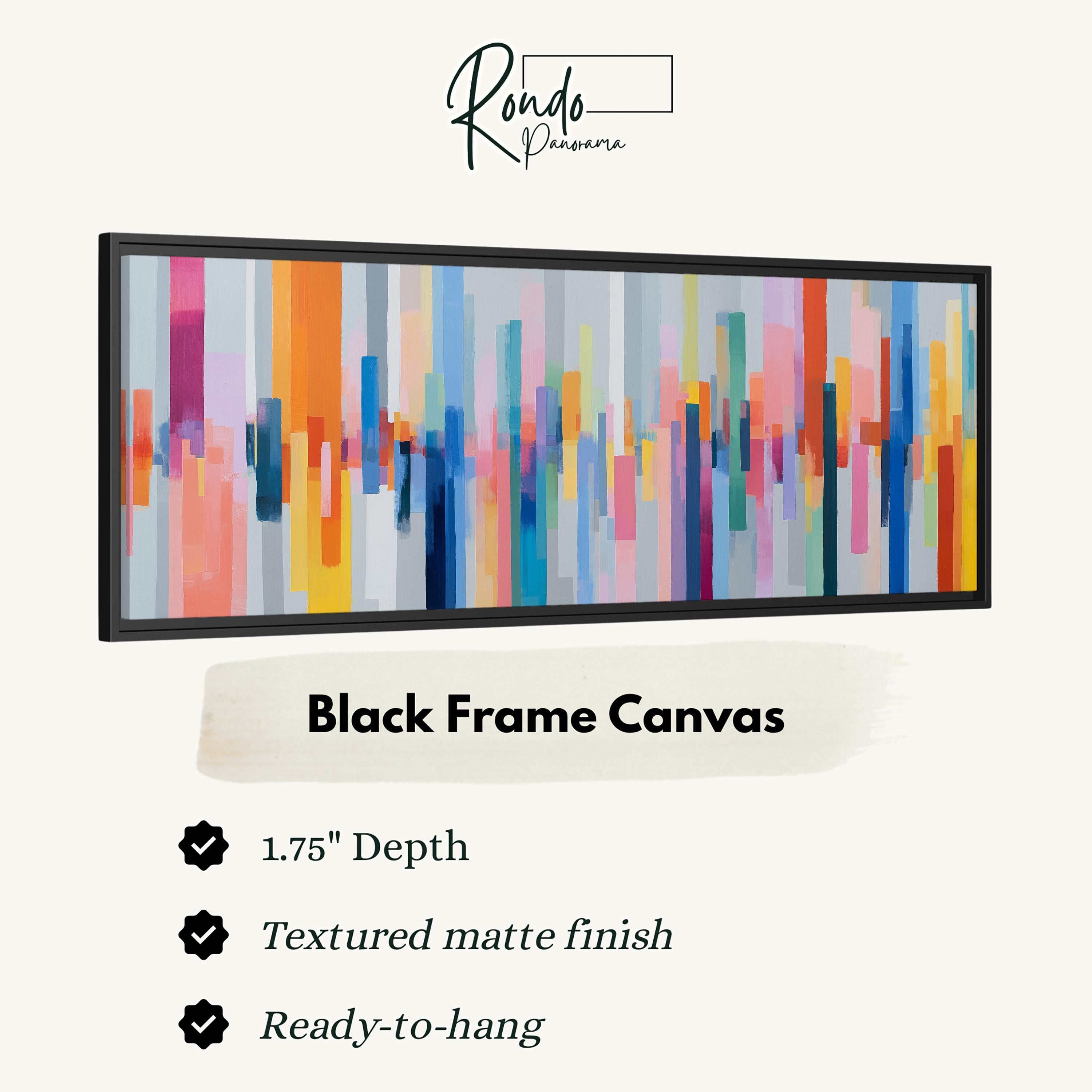 The image is a black frame canvas with a vibrant abstract design of vertical lines in various colors, including shades of orange, pink, blue, and green.