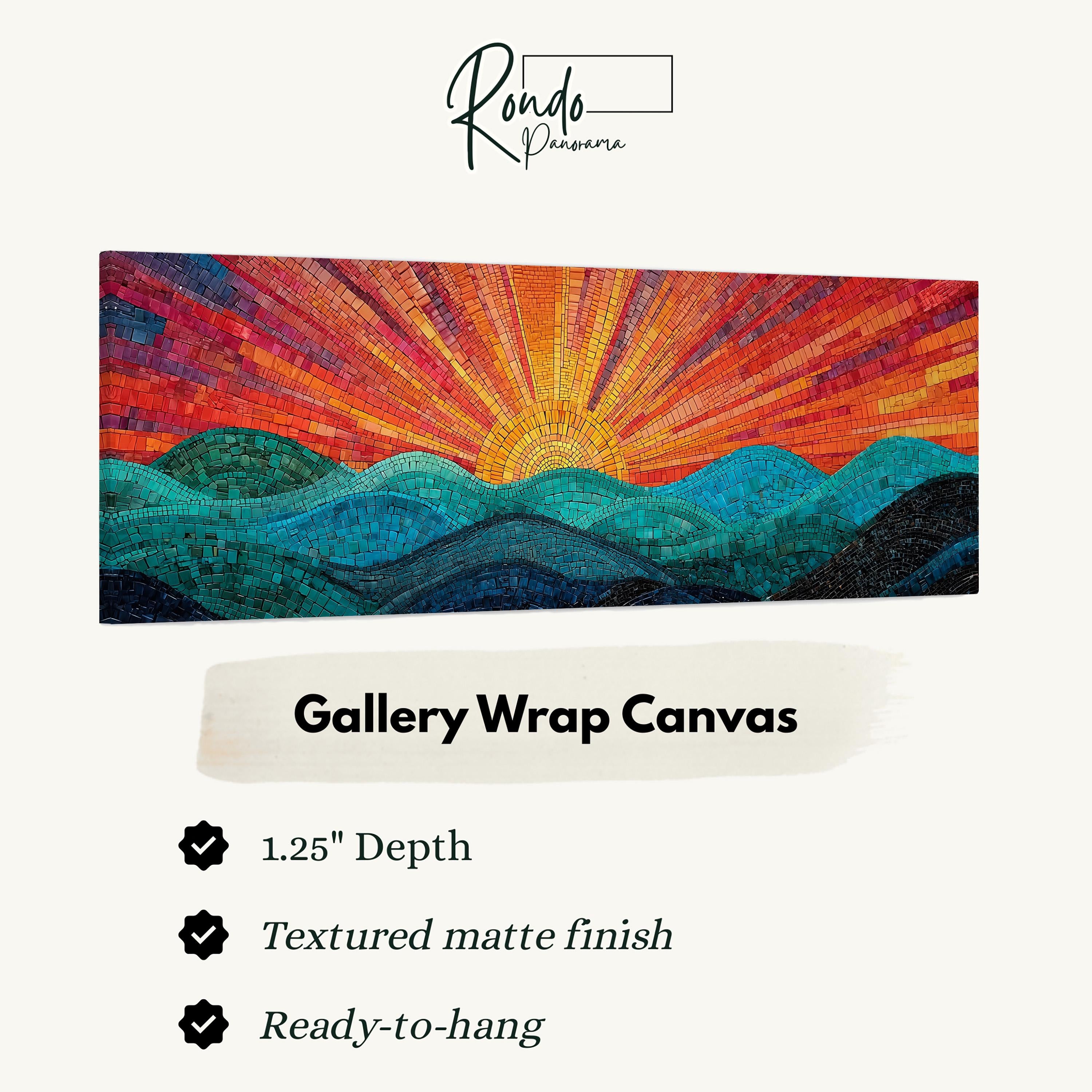 The image is a vibrant mosaic artwork depicting a sunrise over a mountainous landscape.