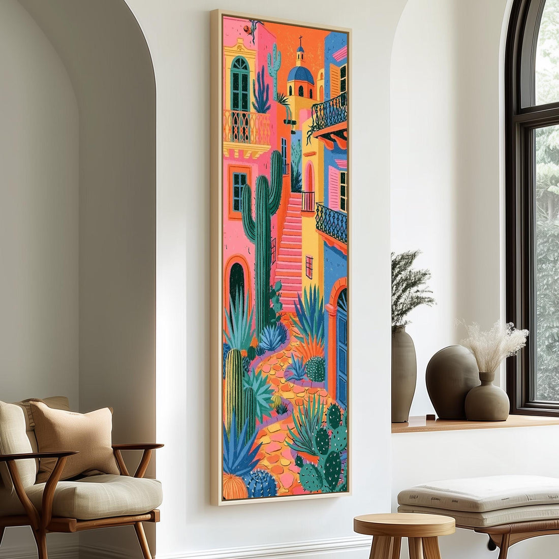 Colorful Mexican alley with cacti long vertical canvas print in a sunlit living space
