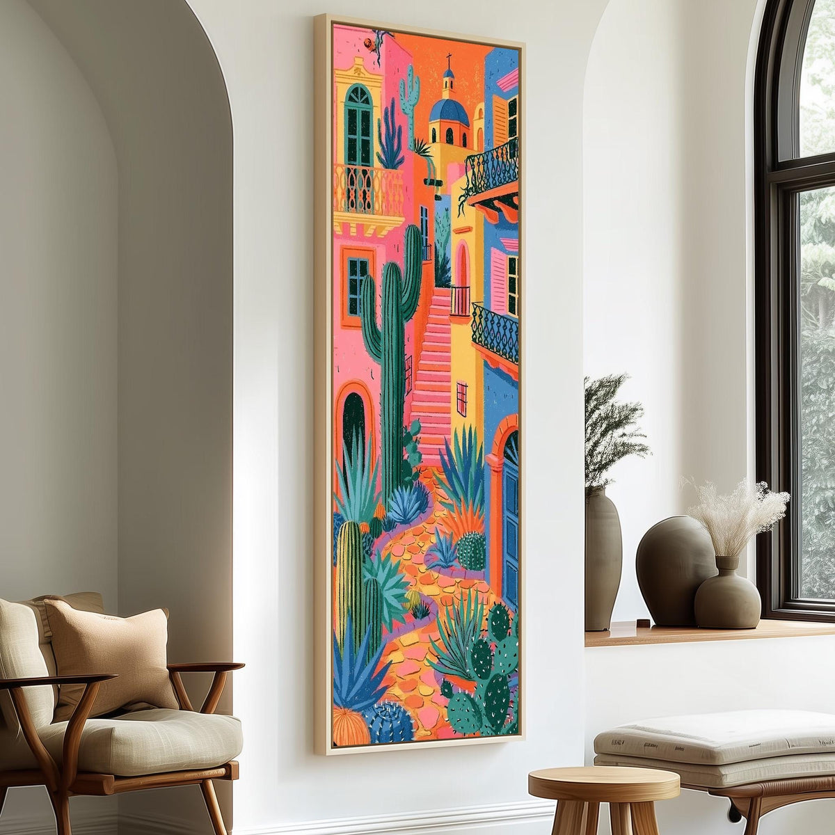 Colorful Mexican alley with cacti tall skinny canvas print in a sunlit living space