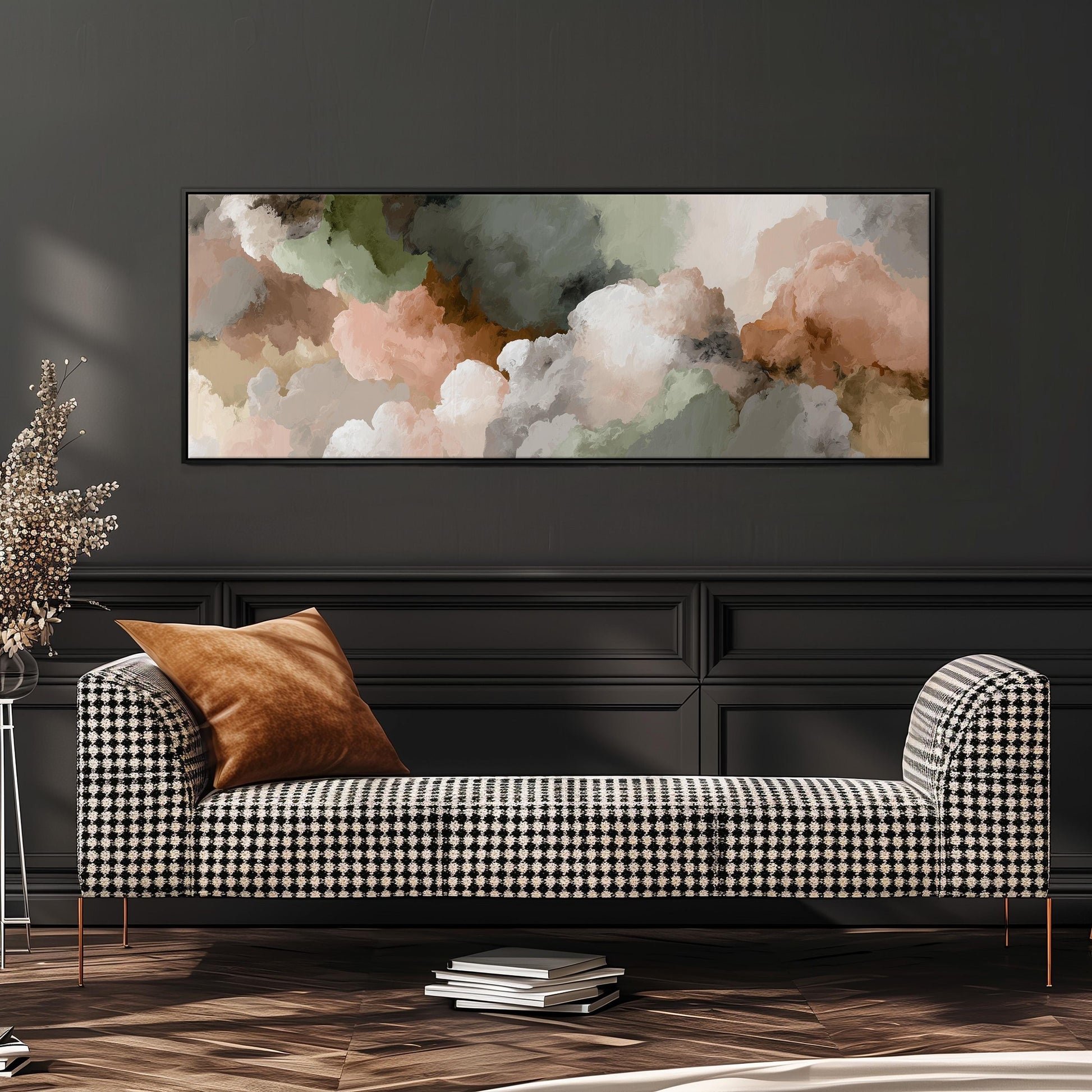 a black and white checkered sofa with a brown throw pillow, set against a dark wall with a large abstract painting hanging above it.