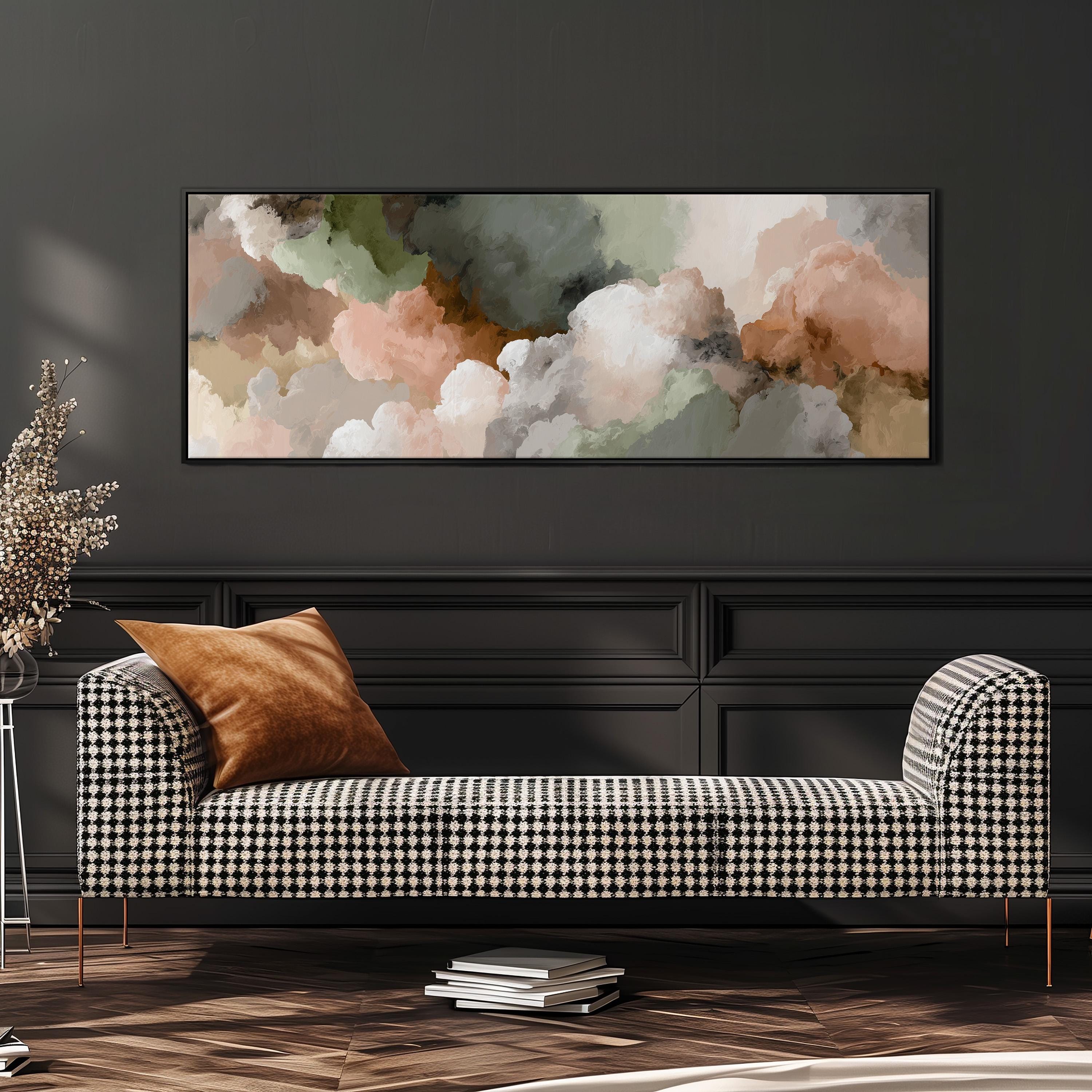 a black and white checkered sofa with a brown throw pillow, set against a dark wall with a large abstract painting hanging above it.