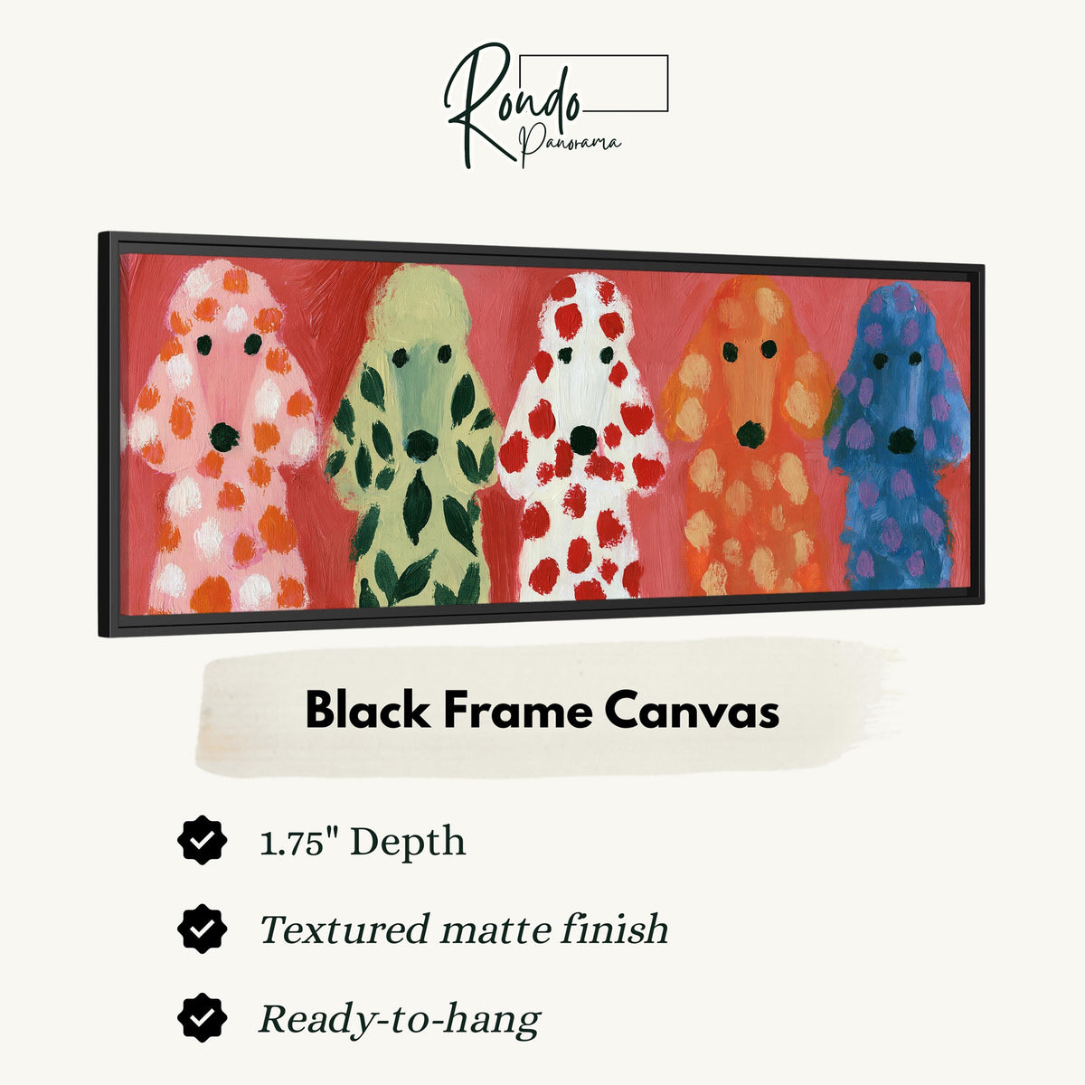 Five colorful poodles canvas print in a black floating frame