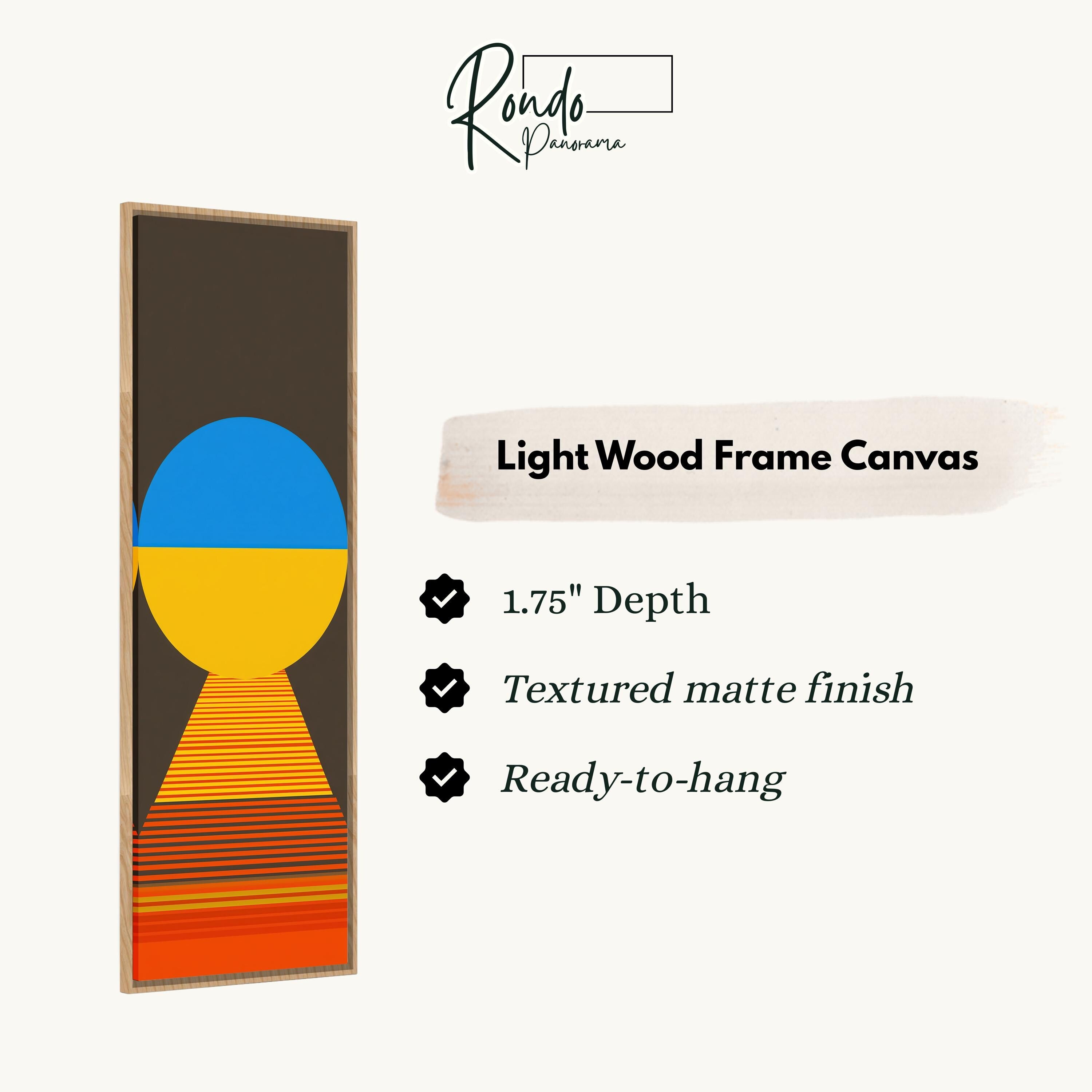 The image is a product description for a light wood frame canvas. It features a rectangular frame with a geometric design in shades of blue, yellow, and orange. The frame has a 1.75" depth, a textured matte finish, and is ready to hang.