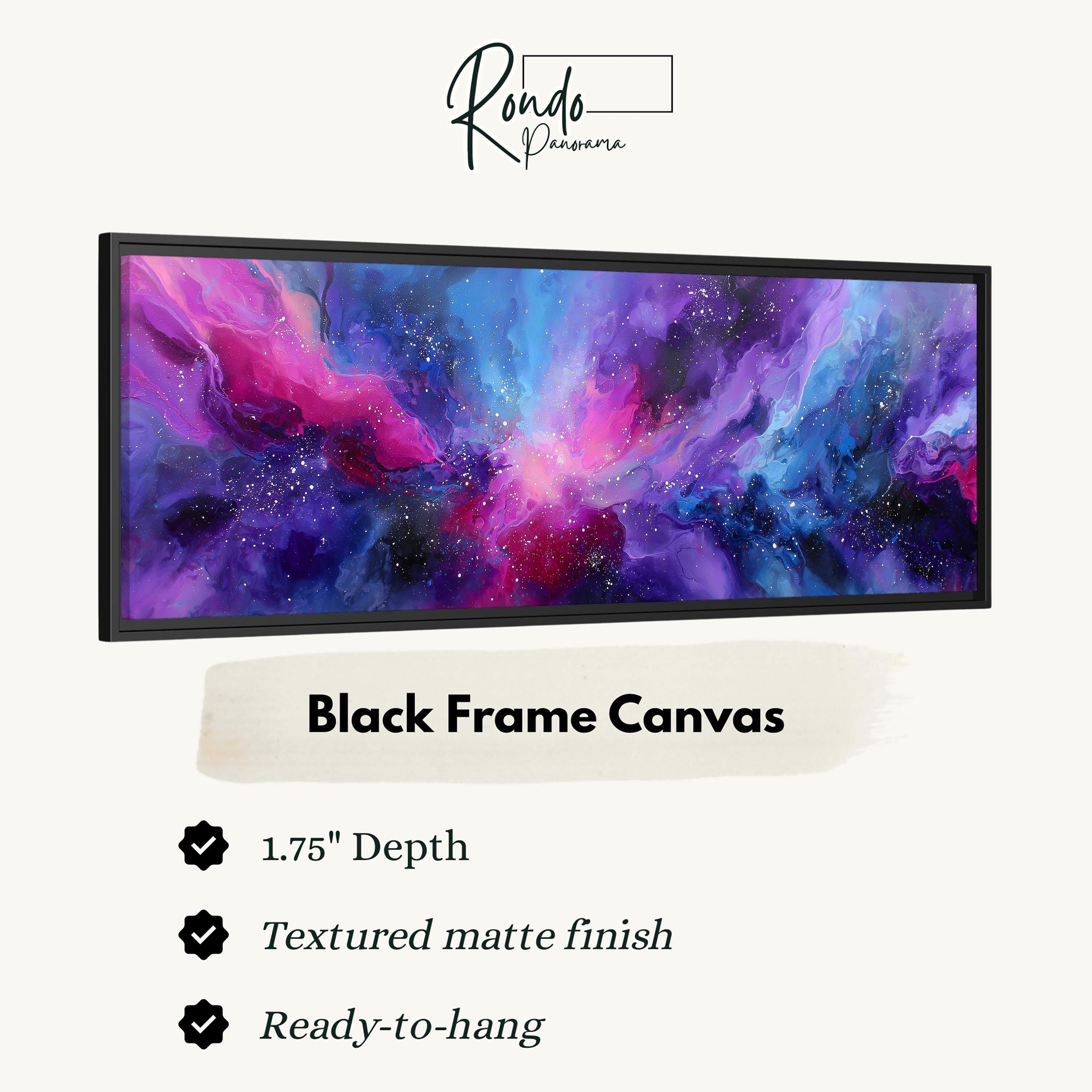 The image is a black frame canvas with a vibrant abstract painting of a galaxy, which is described as a "Black Frame Canvas" with a 1.75" depth and a "Textured matte finish". The canvas is ready to hang.