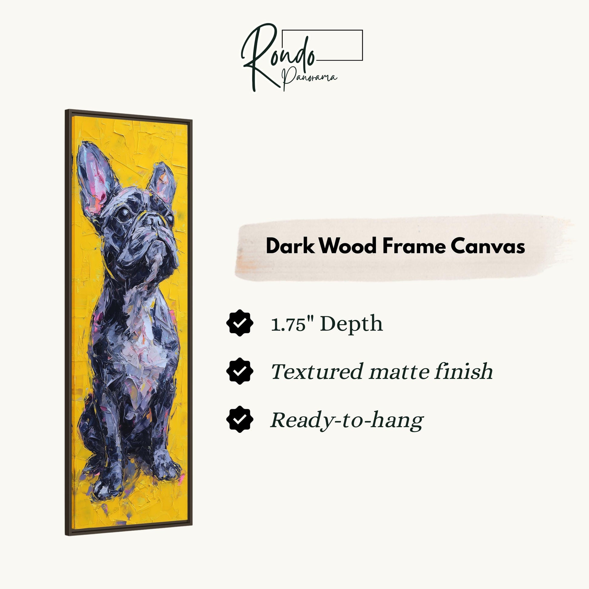 The image is a framed artwork depicting a French Bulldog in a yellow frame.