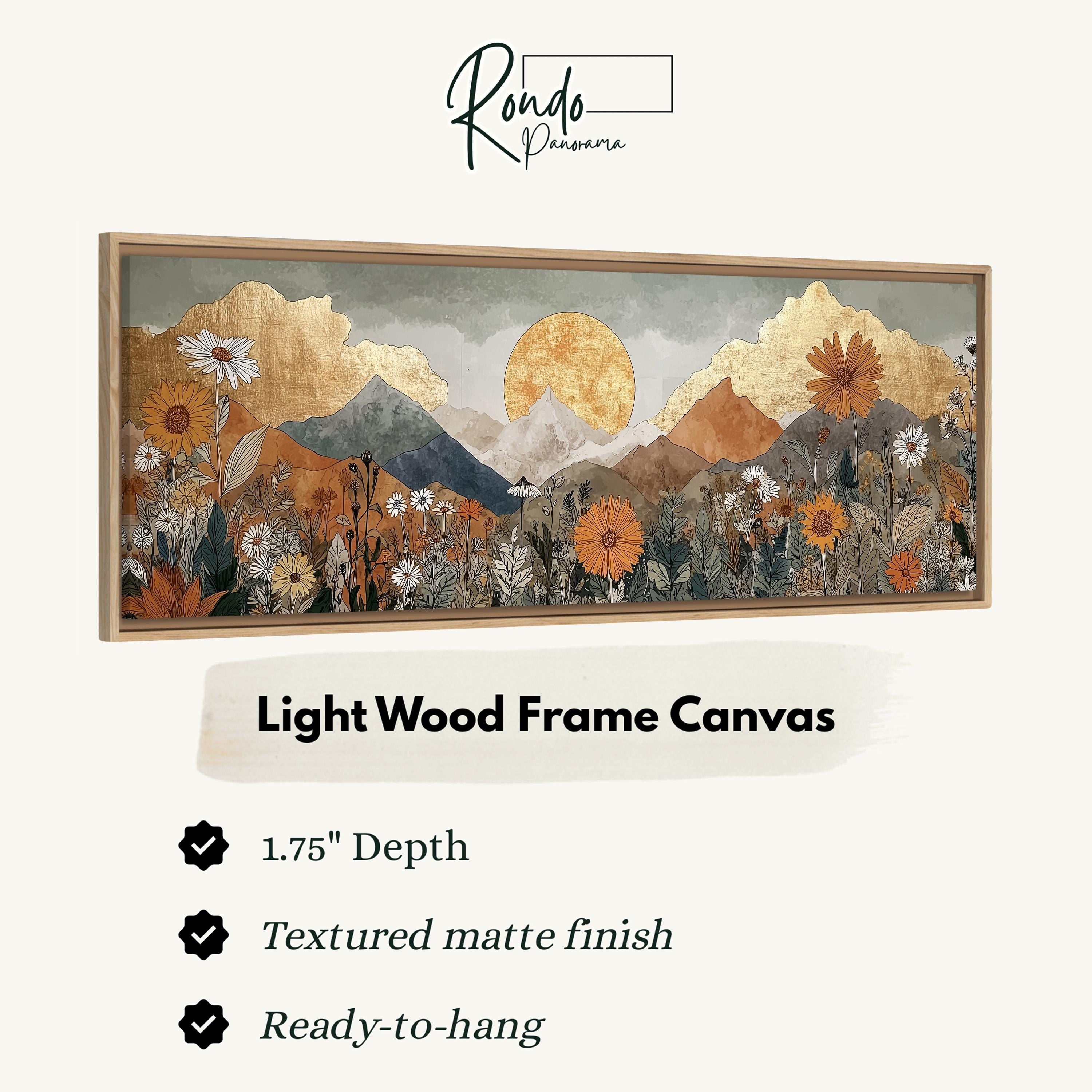 The image is a light wood frame canvas depicting a landscape with mountains, flowers, and a sun.