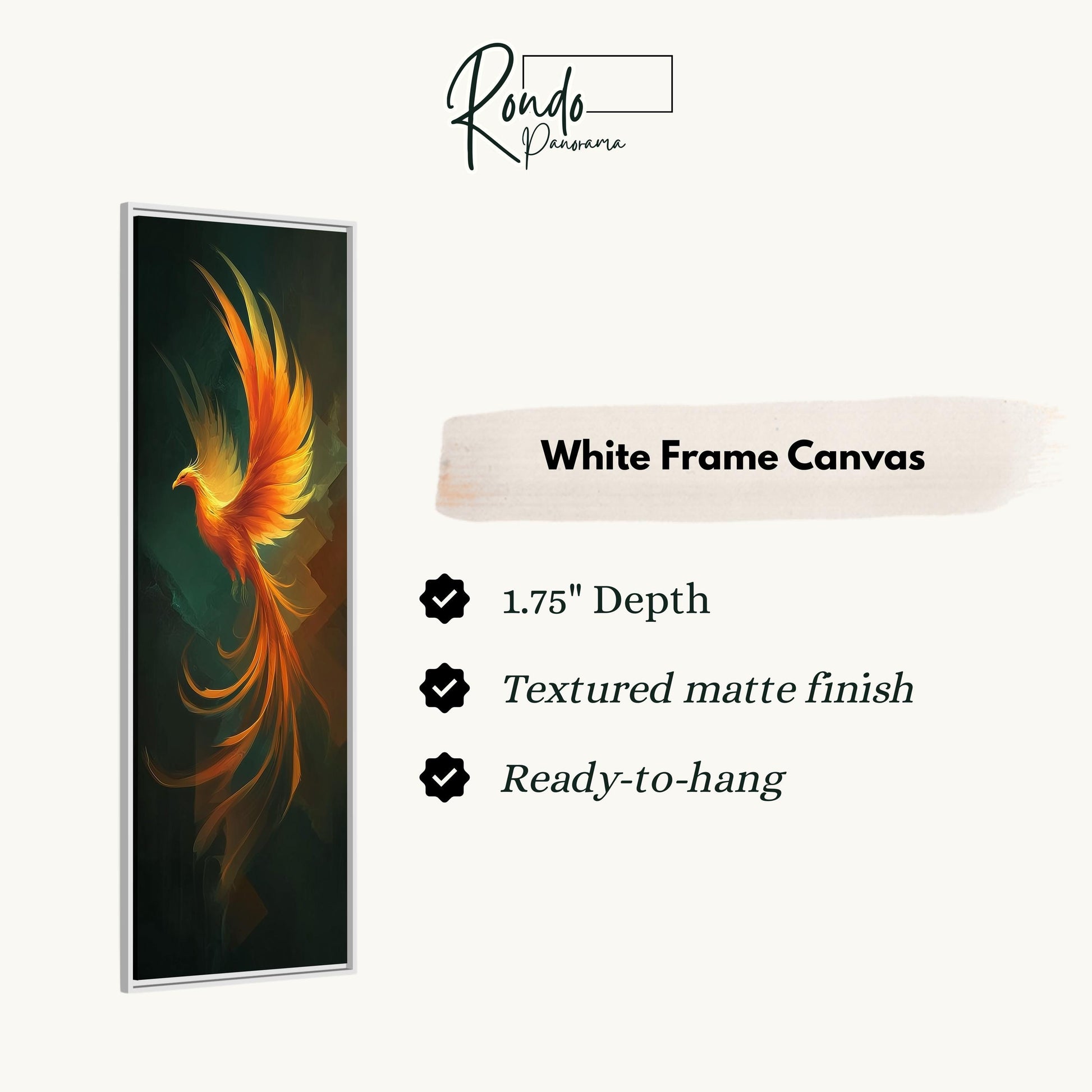 The image is a framed artwork depicting a vibrant, colorful phoenix with its wings spread wide.