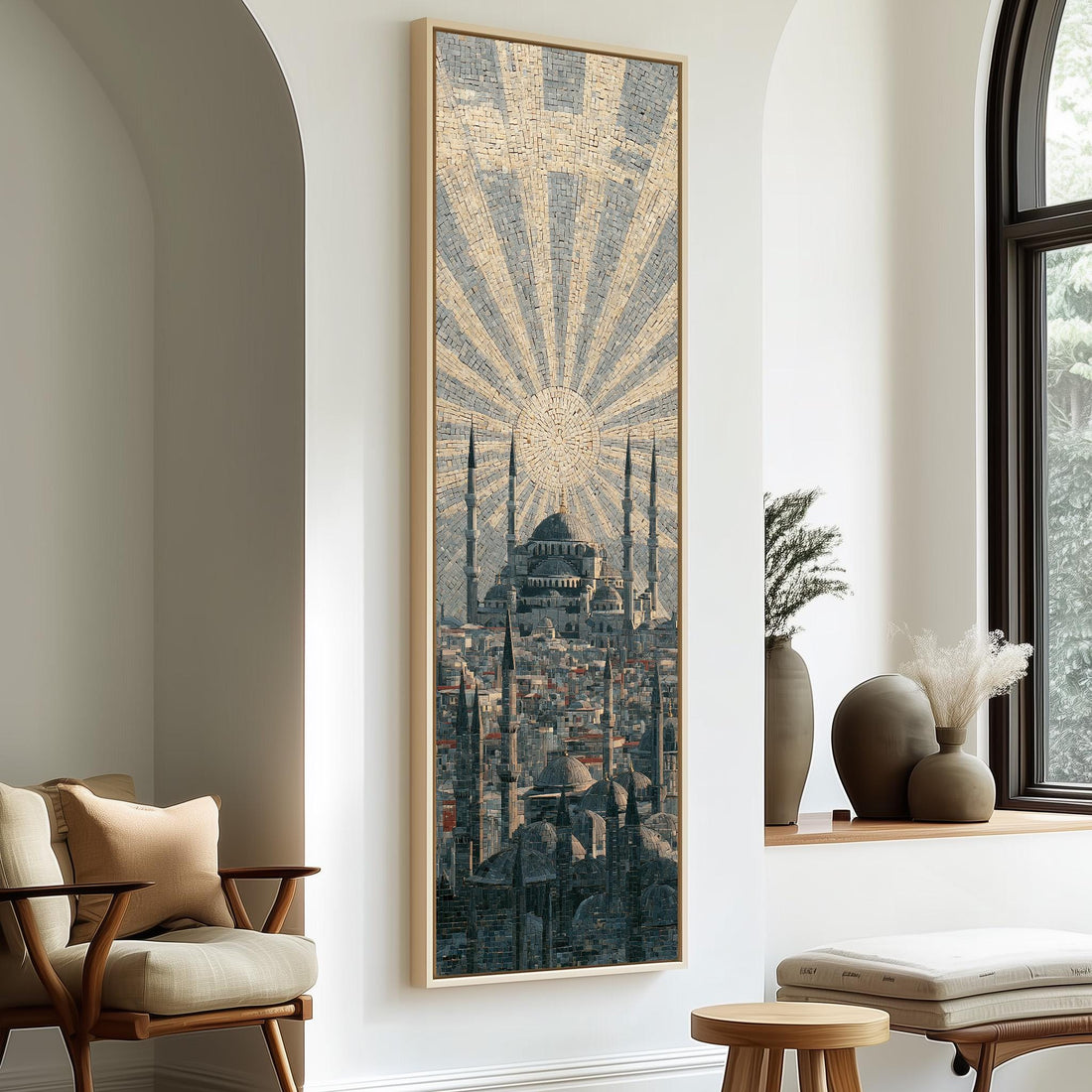 Sunburst over an Istanbul mosque skyline long vertical canvas print in a sunlit living space