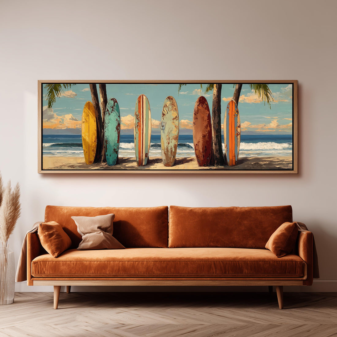 a large framed painting of colorful surfboards lined up on a beach, with palm trees and a blue sky in the background.