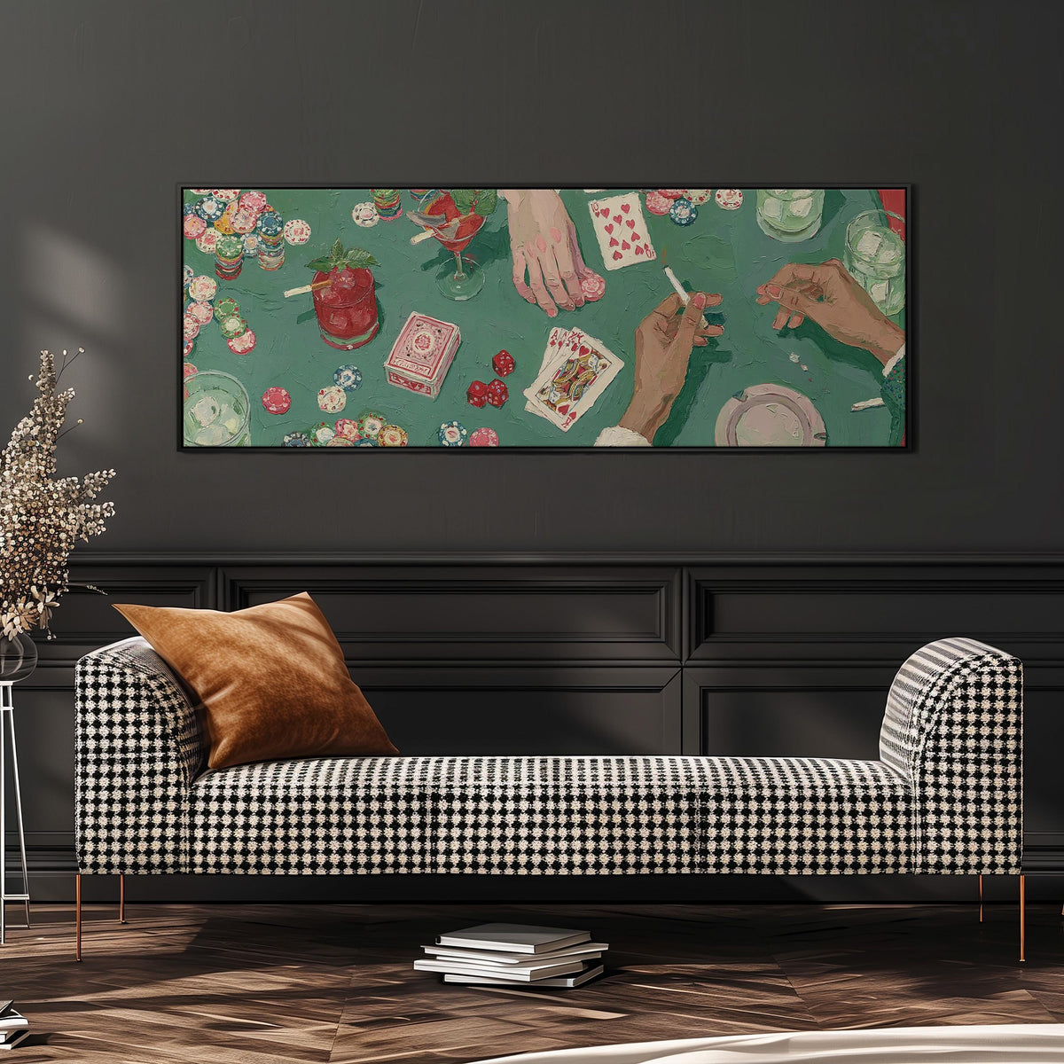 Vintage card game on green felt long horizontal canvas print above a dining table