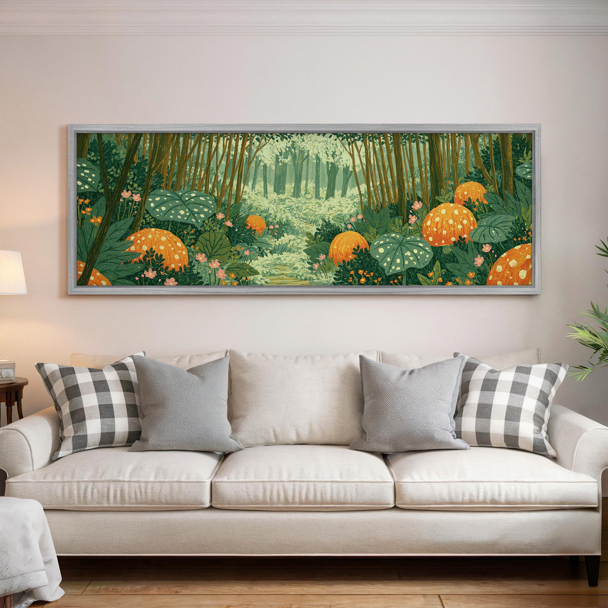 Amber mushroom forest panoramic canvas print above a white sofa in a bright living room