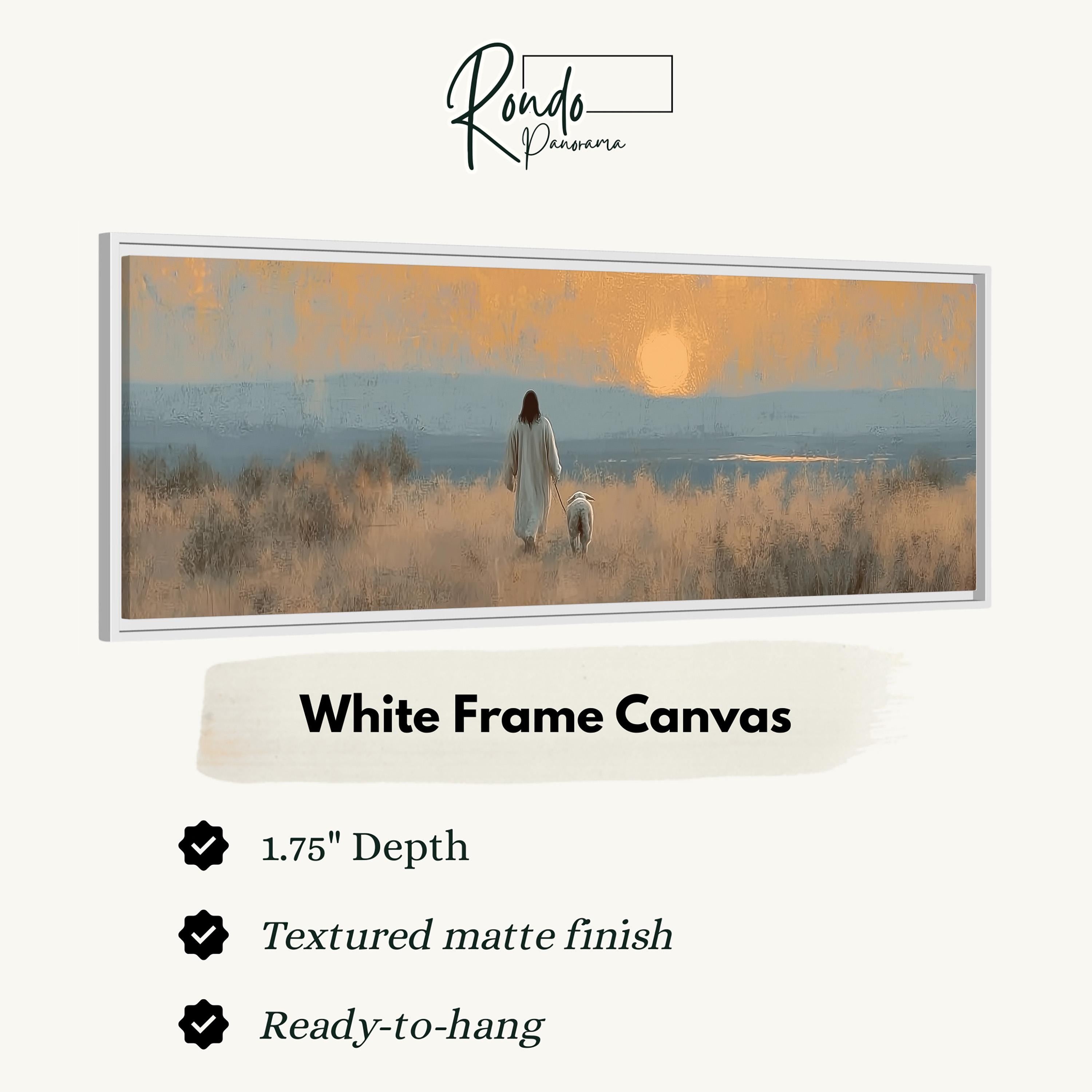 The image is a white frame canvas depicting a person walking a dog in a field with a sunset in the background.