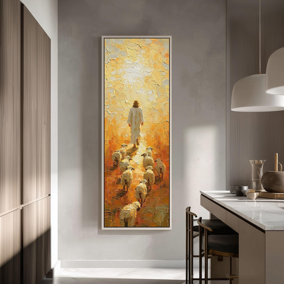 Jesus walking with his flock in golden light tall skinny canvas print in a modern kitchen