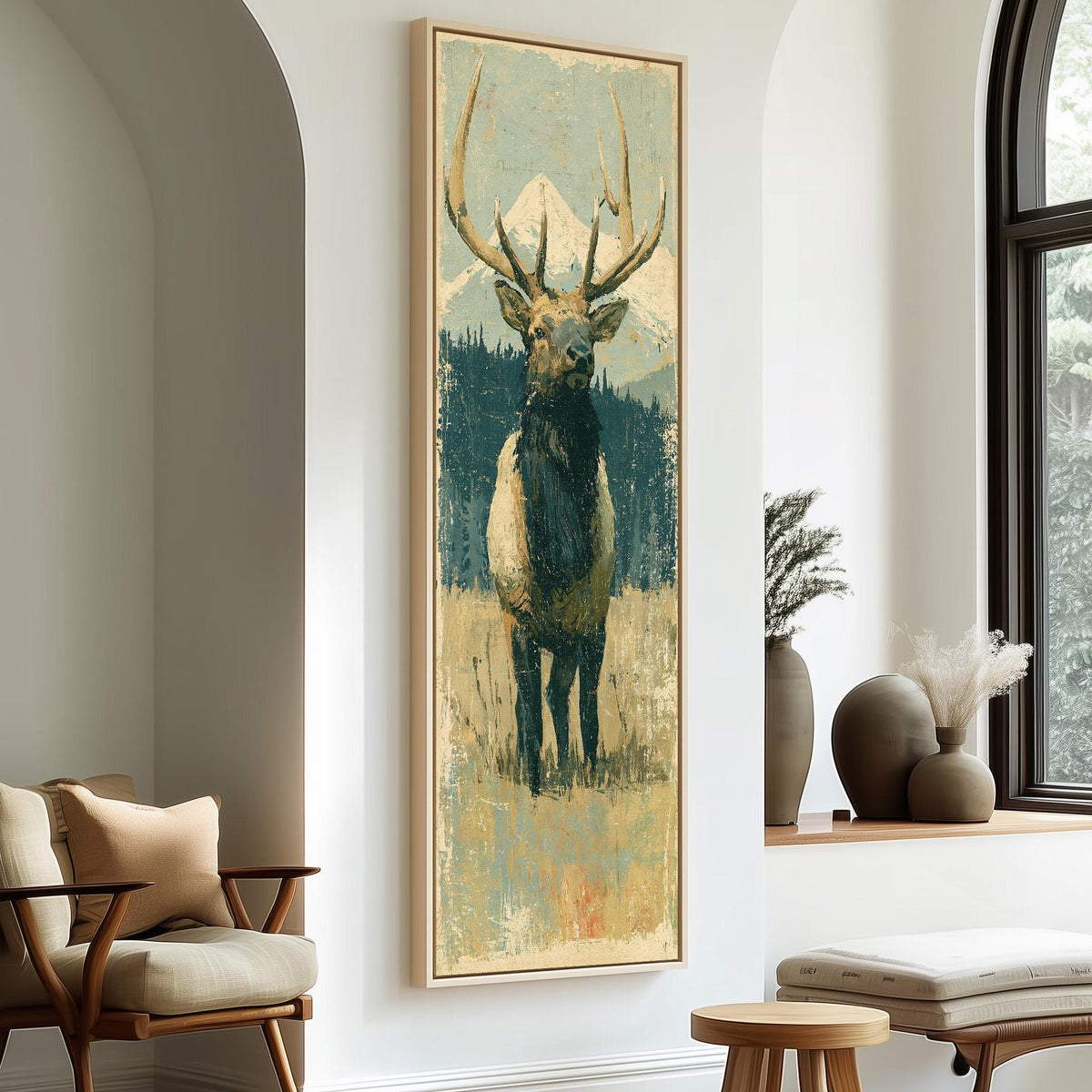Rustic elk standing in an alpine meadow long vertical canvas print in a sunlit living space