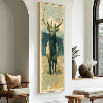 Rustic elk standing in an alpine meadow long vertical canvas print in a sunlit living space