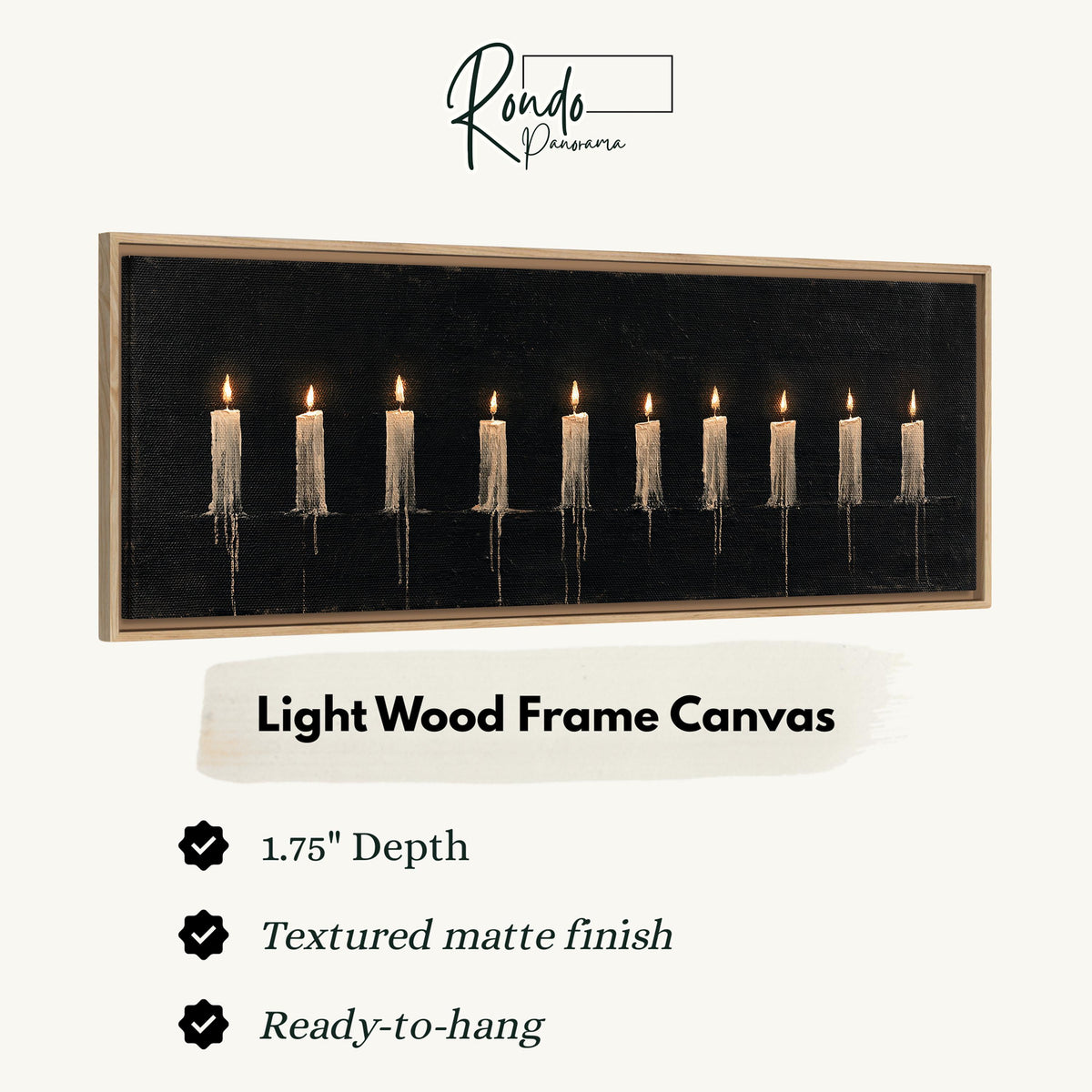 Ten lit candles on black canvas print in a light wood floating frame