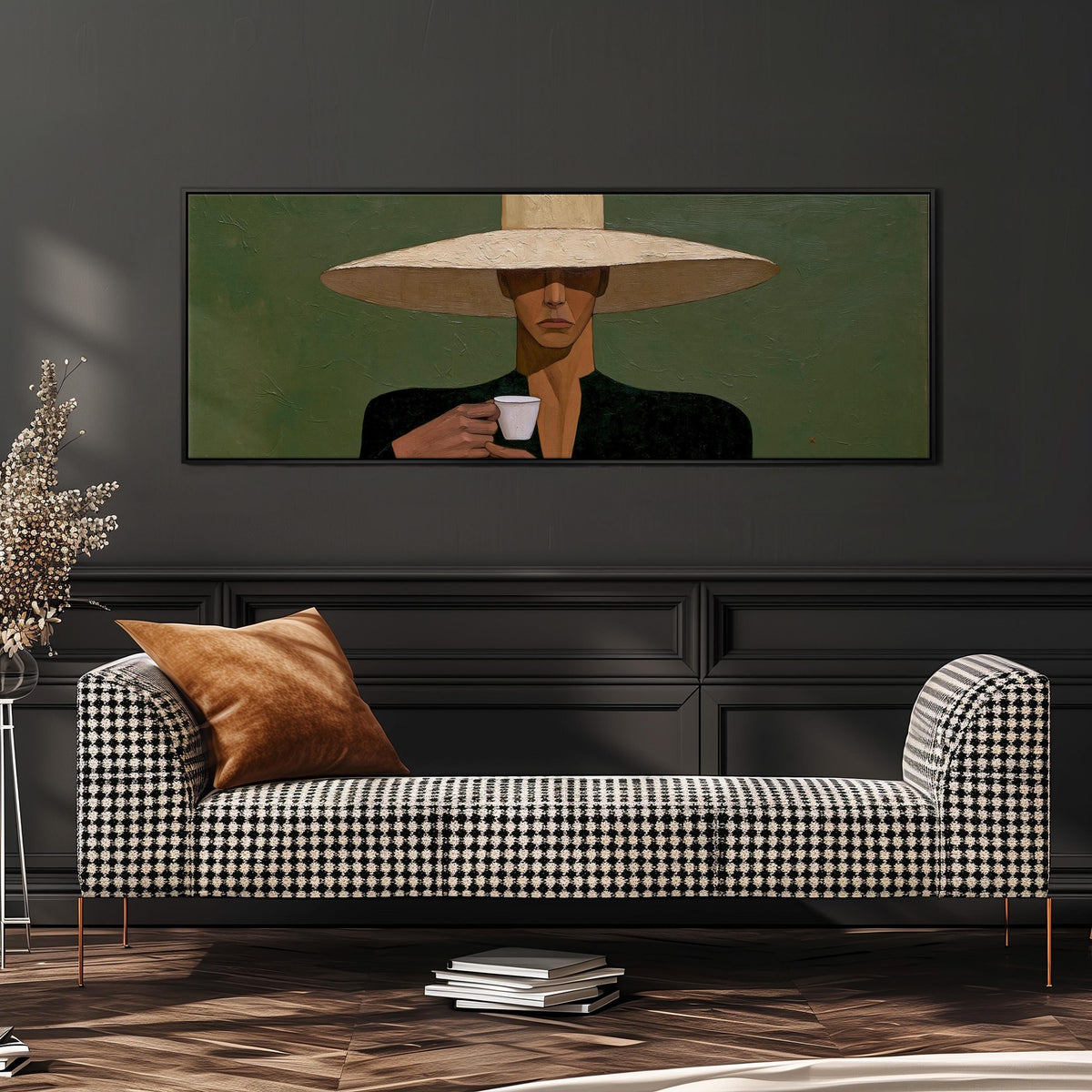 Shadowed woman in a sun hat with espresso wide panoramic canvas print above a bench in a dark living room