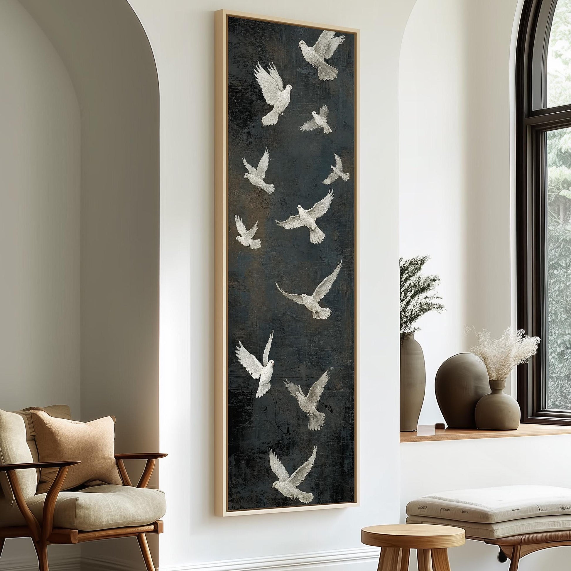 a large black and white painting of birds in flight, hanging on a wall in a room with a wooden chair and a small table.