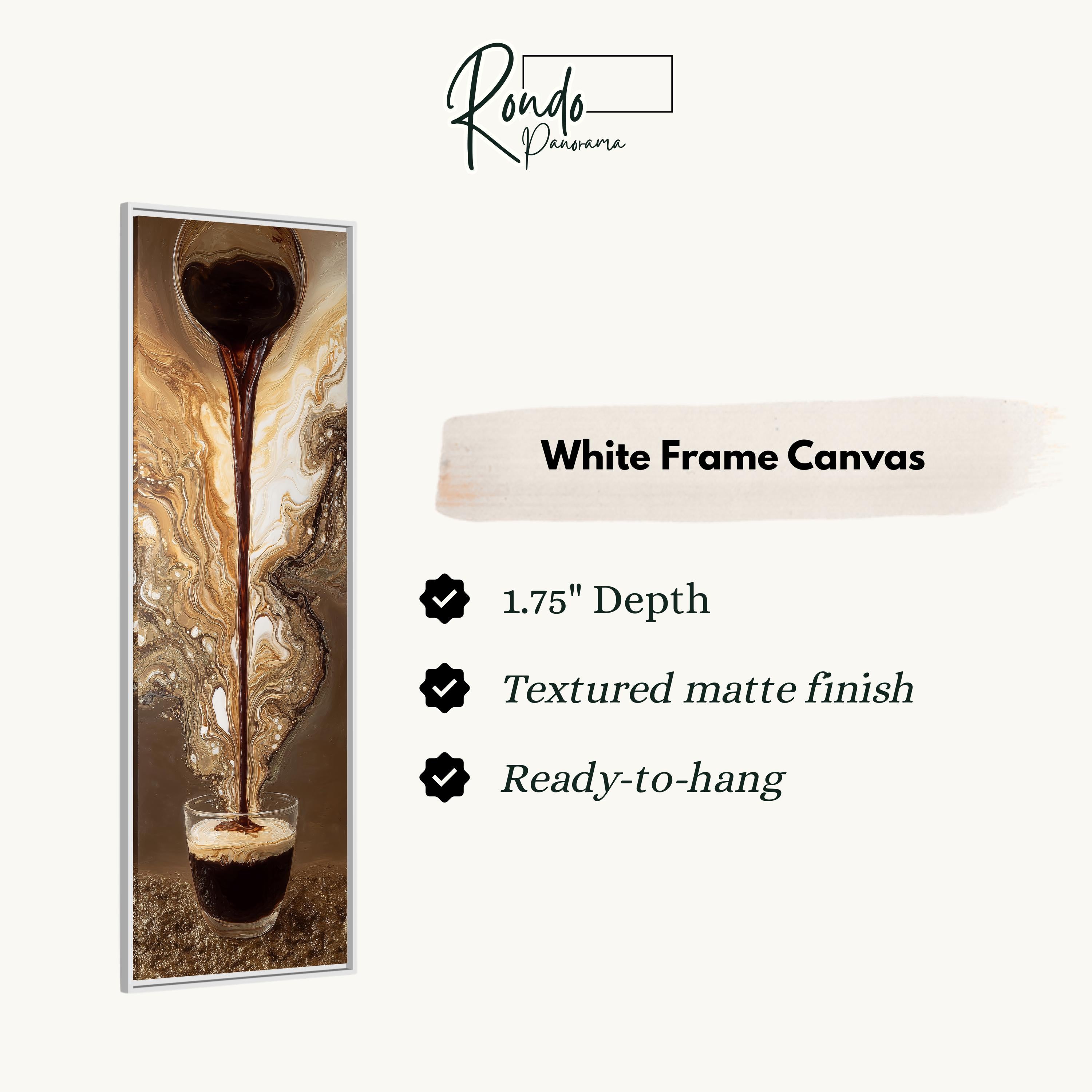 The image is a white frame canvas featuring a close-up of a glass of coffee with a stream of coffee flowing out of it.
