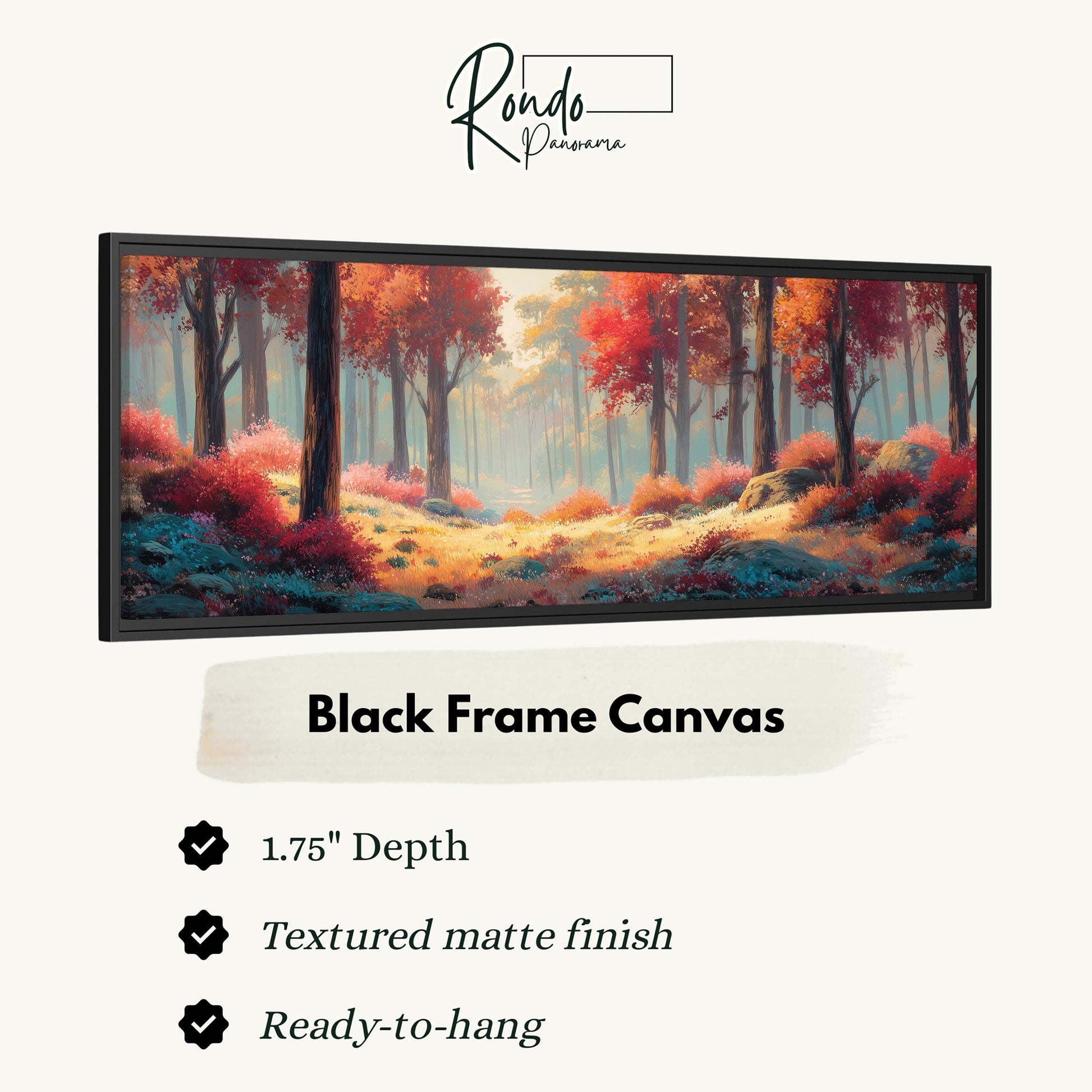 The image is a black frame canvas depicting a forest scene with trees and foliage in shades of red and orange.