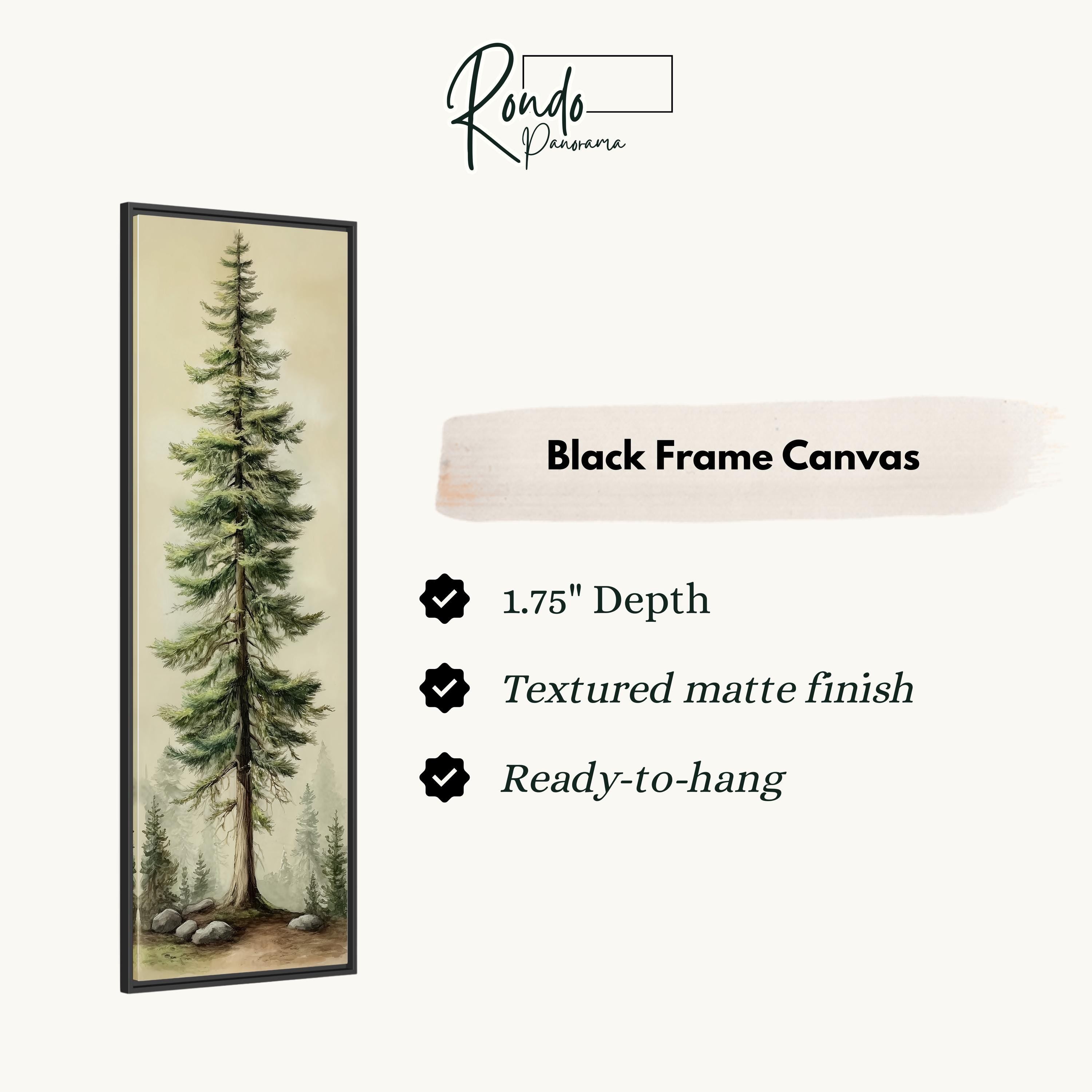 The image is a black frame canvas depicting a tall pine tree with a forest scene.