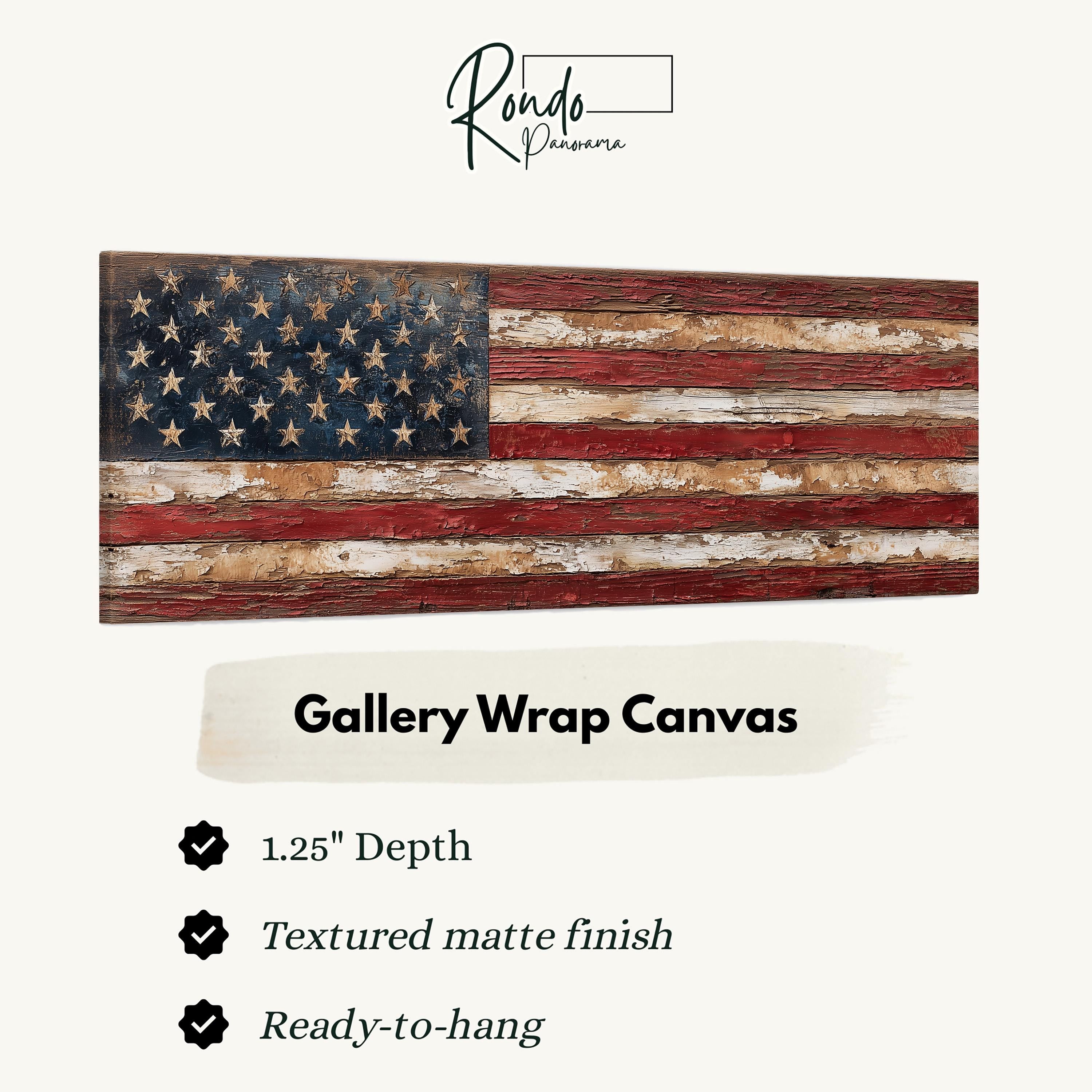 a large American flag-themed canvas, which is described as a gallery wrap canvas.