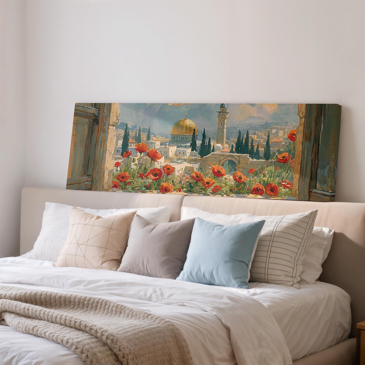 Jerusalem skyline through a window with poppies wide panoramic canvas print above a bed in a bedroom