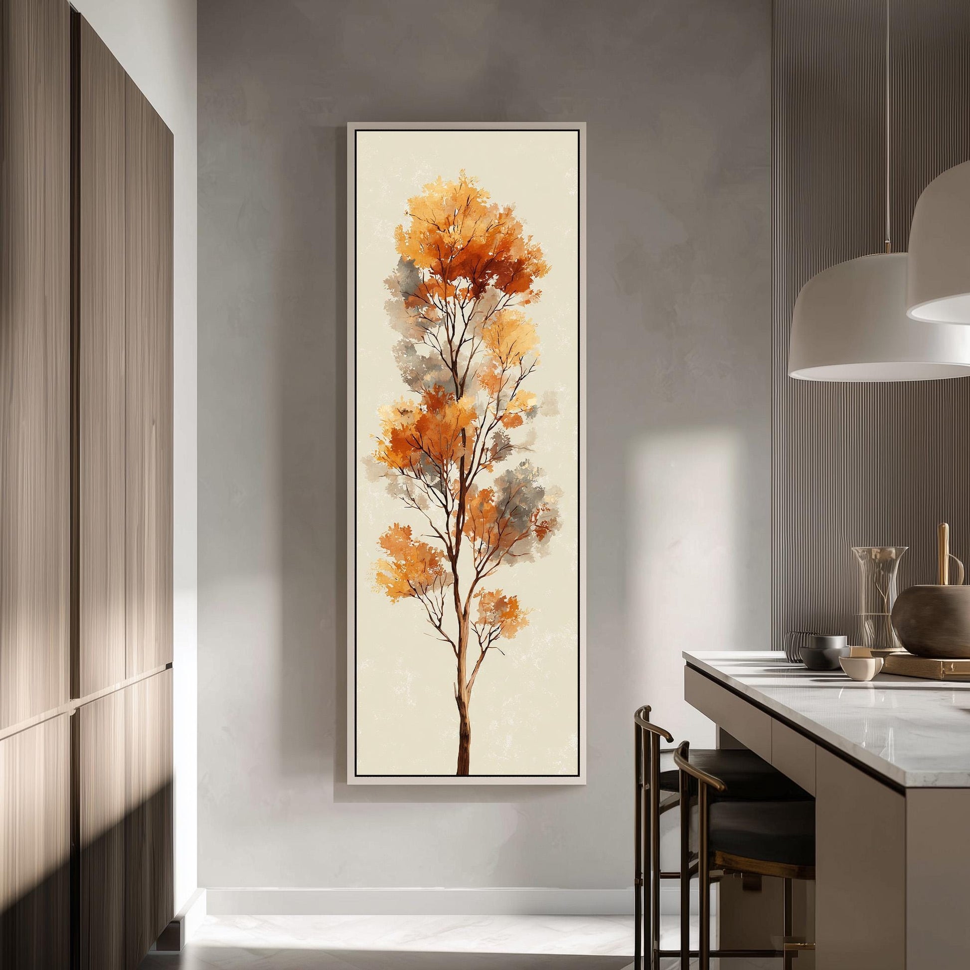 a large, framed painting of a tree with vibrant orange leaves hanging on a wall in a modern kitchen.