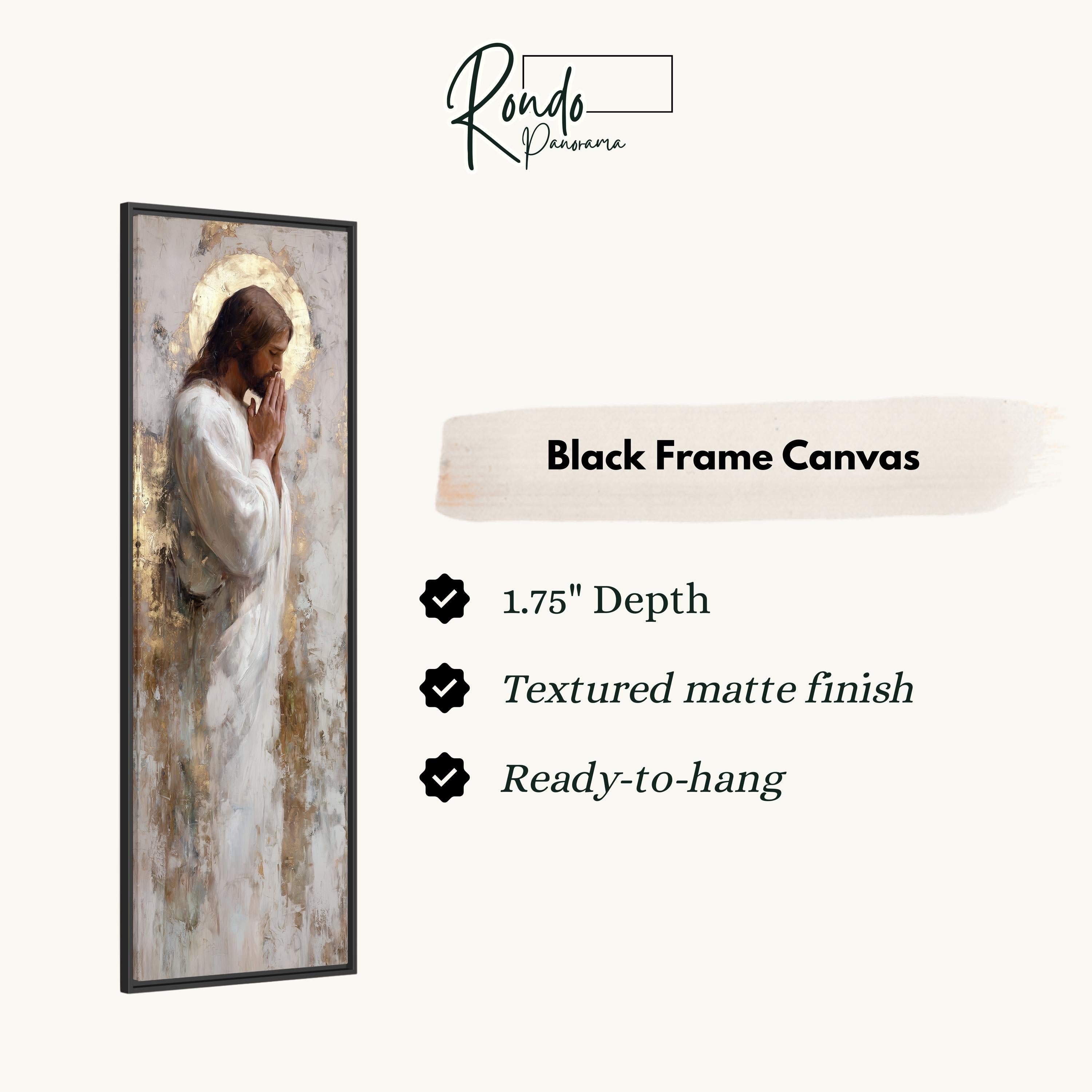 The image is a black frame canvas depicting a painting of Jesus with a halo.