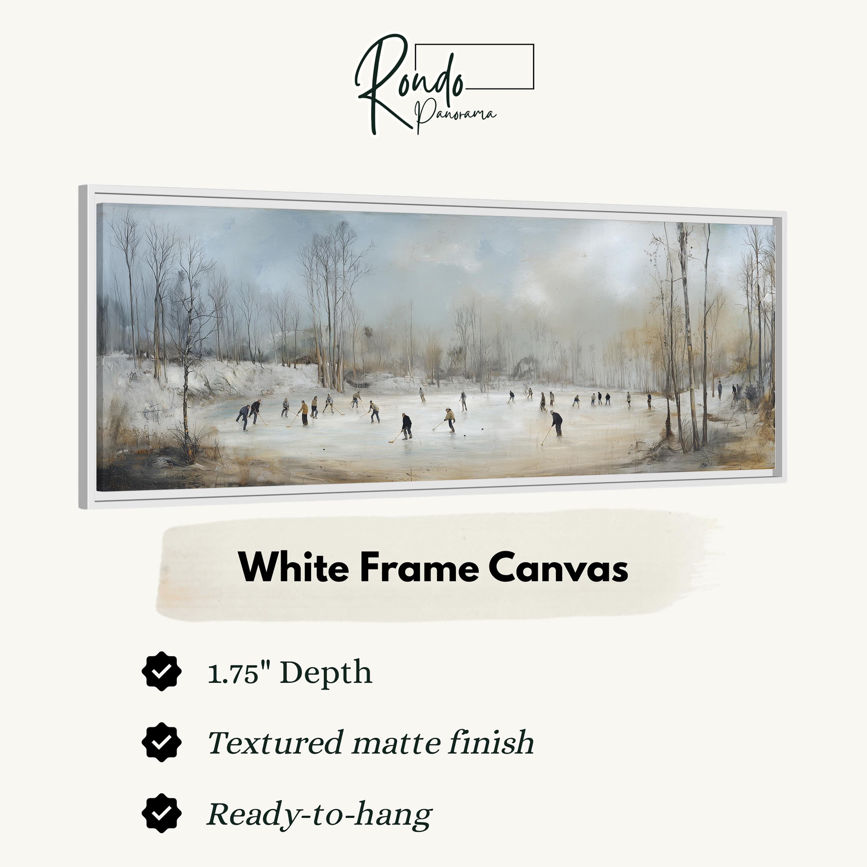 A white frame canvas depicting a winter scene with people ice skating on a frozen lake.