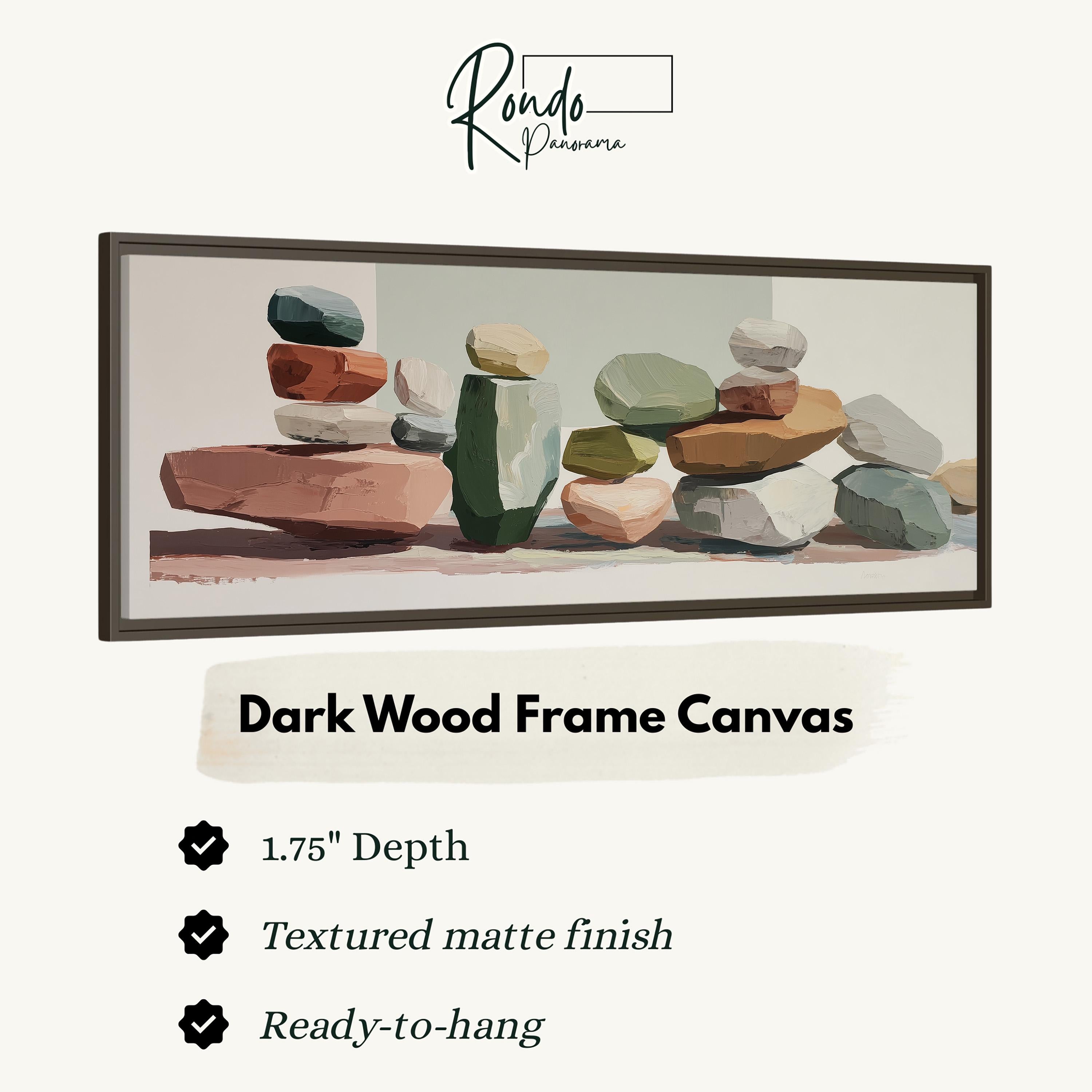 The image is a framed artwork depicting a collection of various colored rocks or stones arranged in a visually appealing manner.