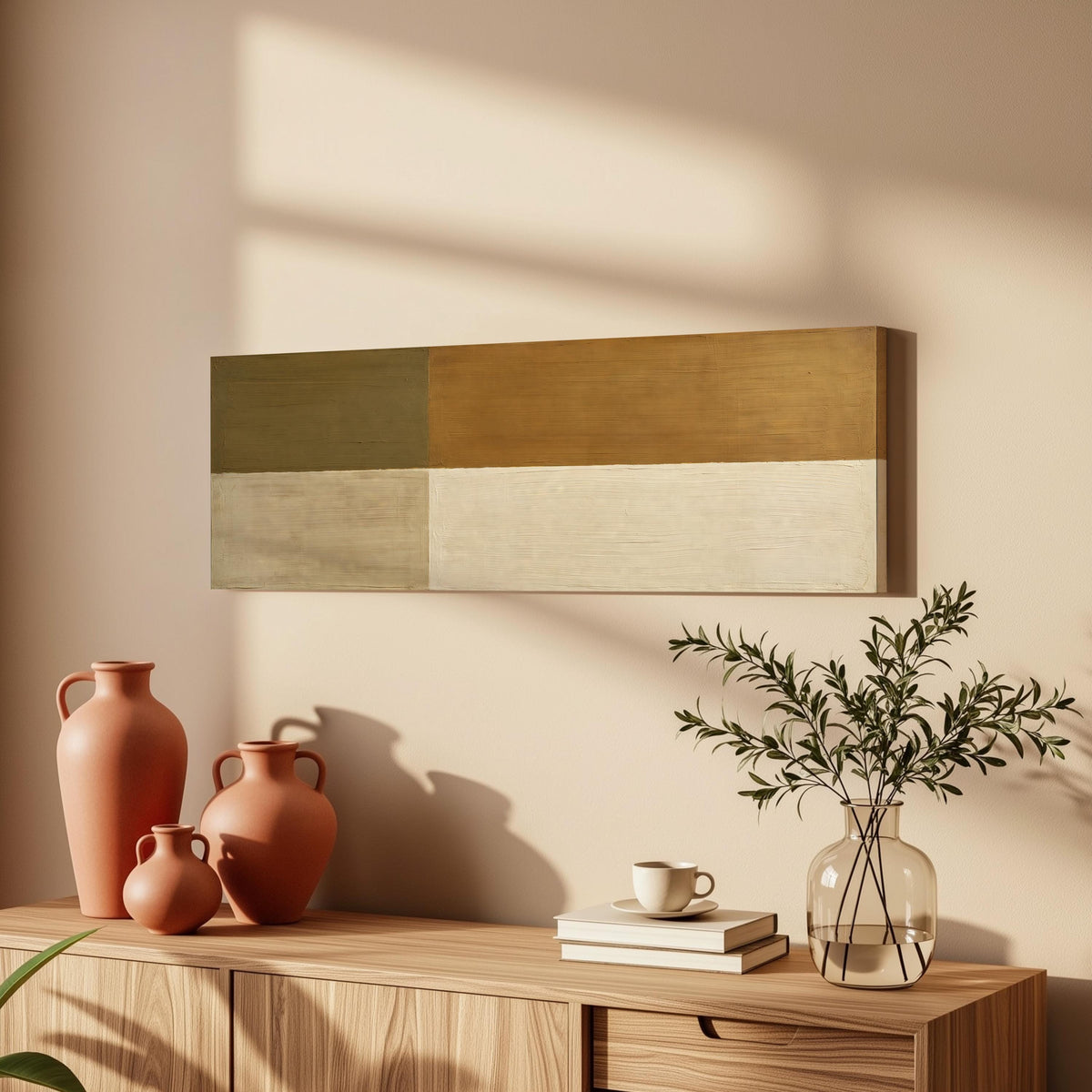Olive and cream quadrants long horizontal canvas print above a wooden sideboard