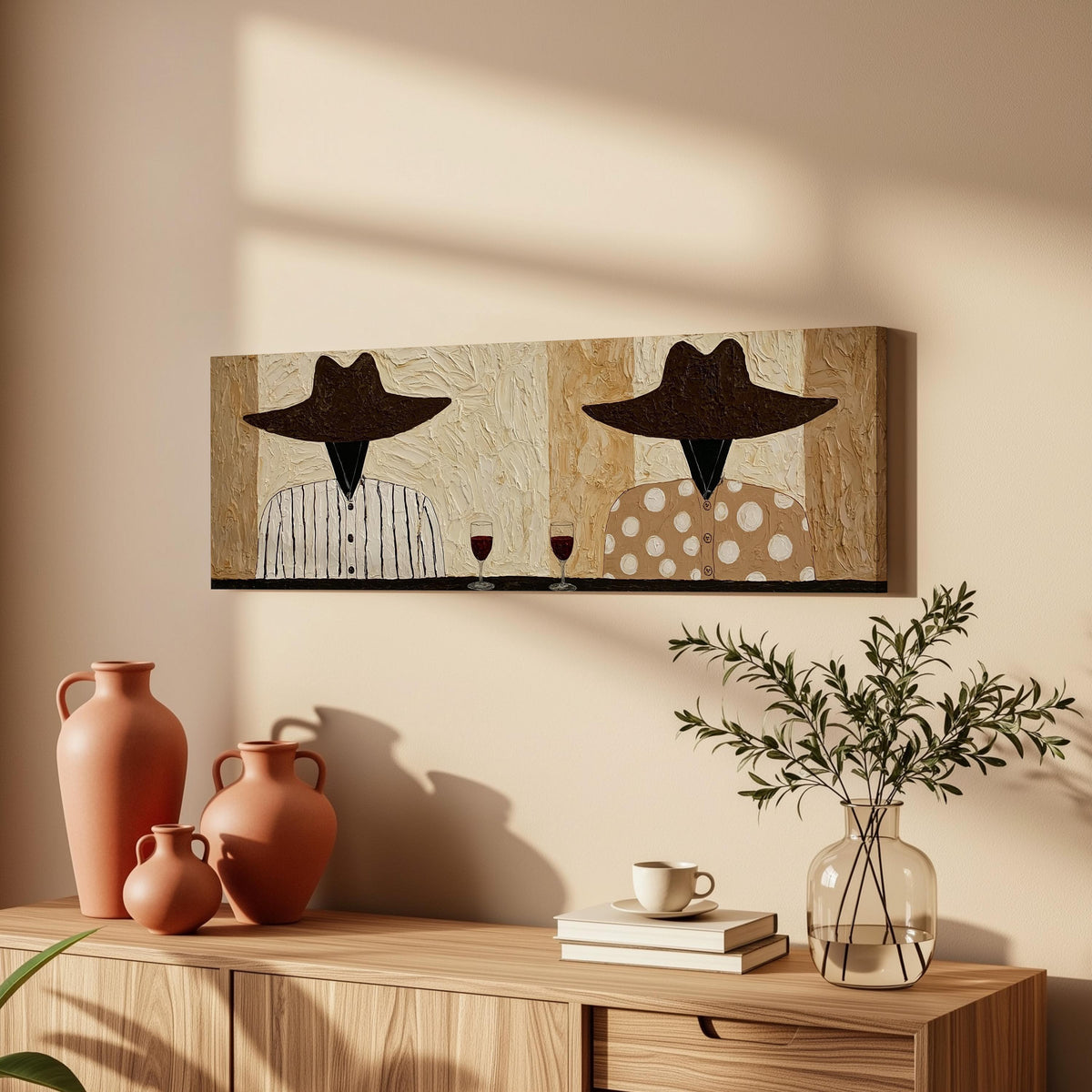 Two folk figures in hats toasting with red wine long horizontal canvas print above a wooden sideboard